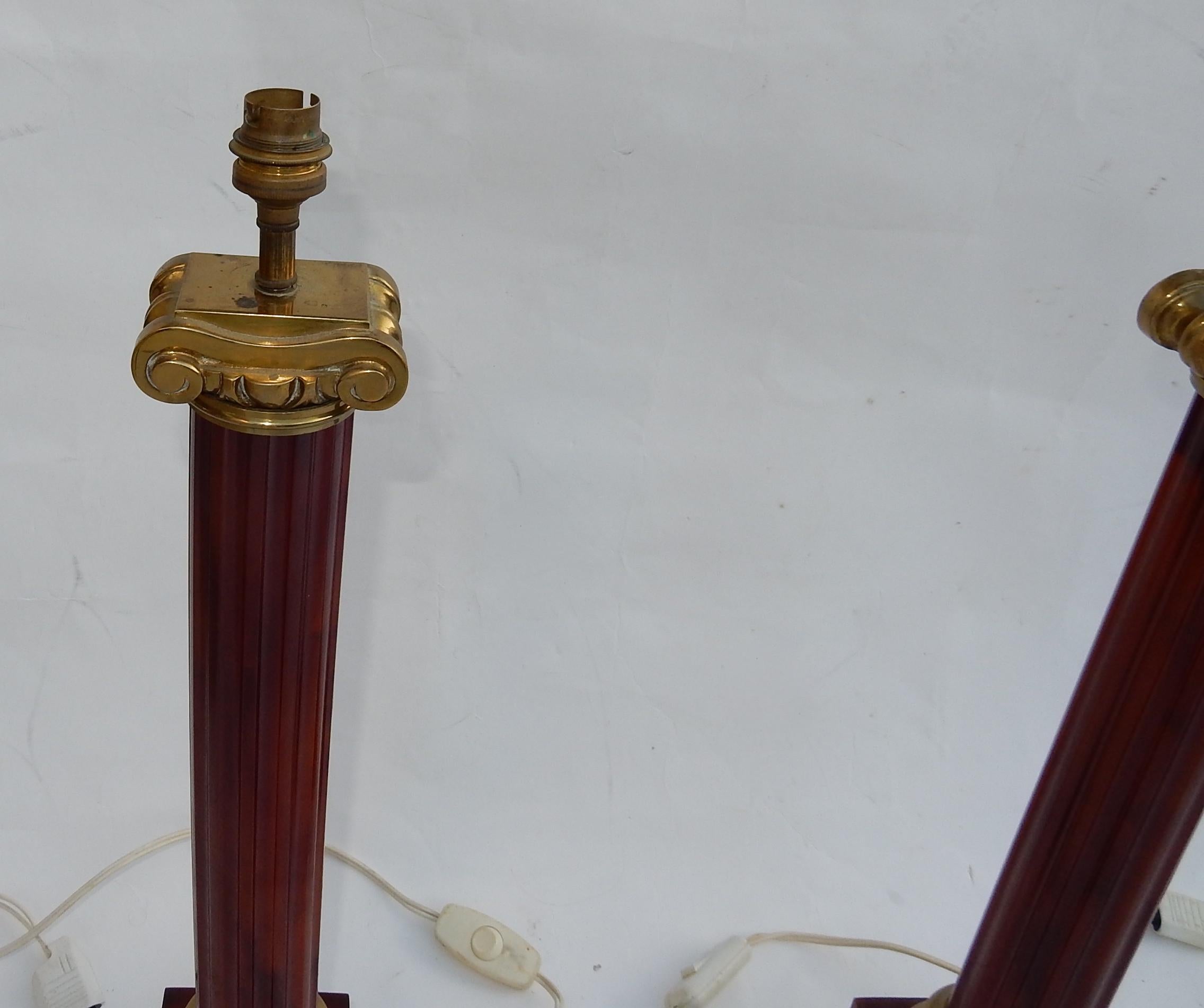 French 1950-1970 Pair of Maison Jansen Lamps, Gilt Bronze and Bakelite, Amber Color For Sale