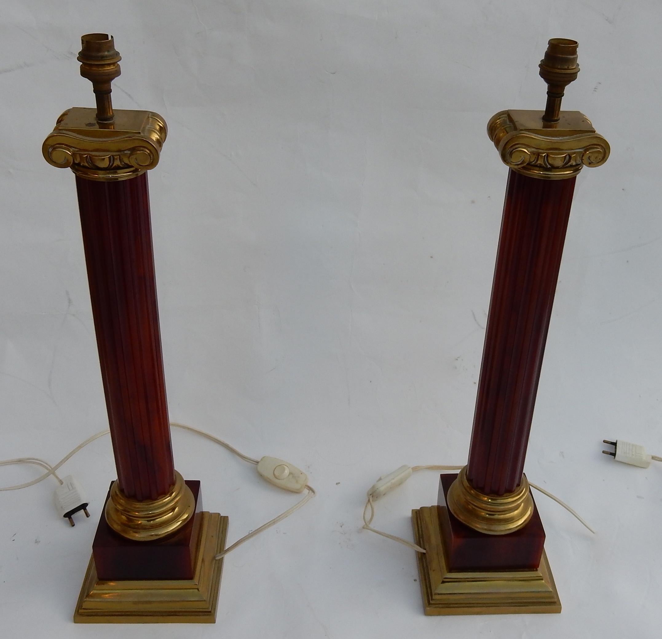 1950-1970 Pair of Maison Jansen Lamps, Gilt Bronze and Bakelite, Amber Color For Sale 1
