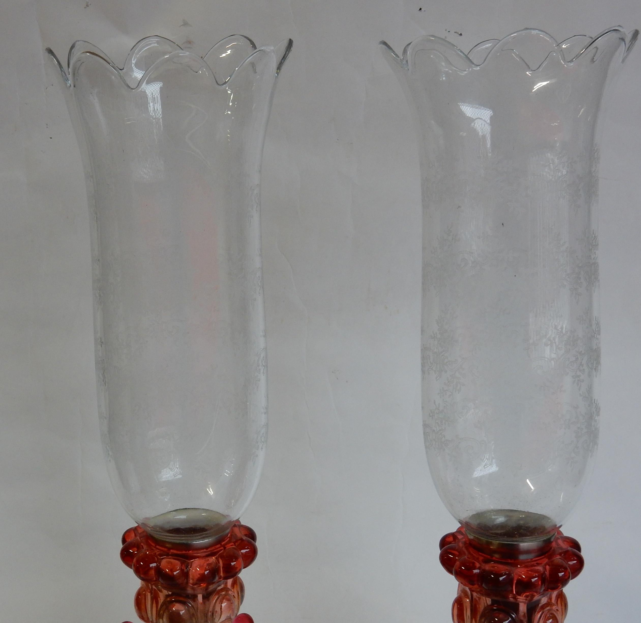 Mid-20th Century Pair of Opalescent Crystal Candlesticks and Red Baccarat Signed, 1950-1970