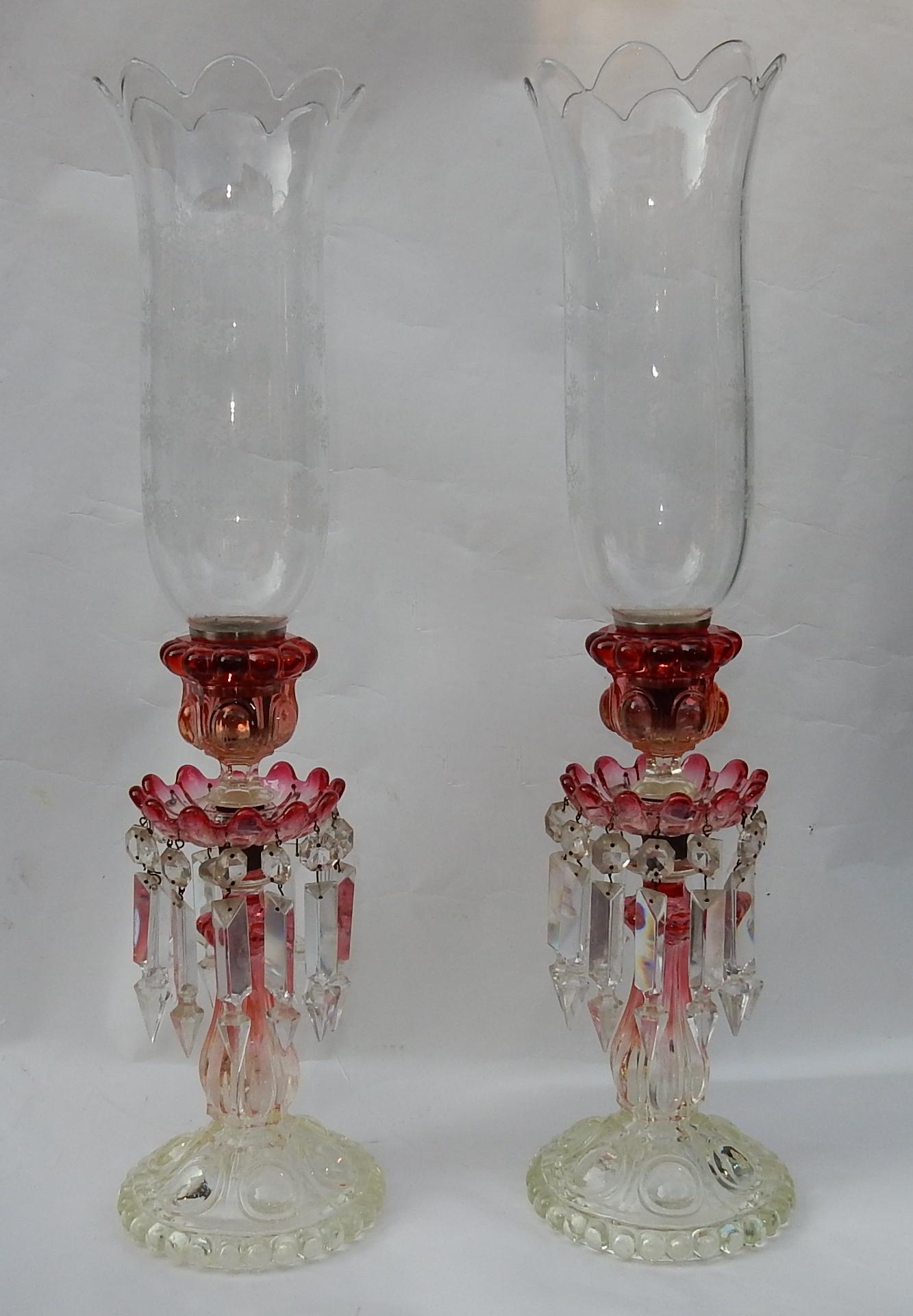 Neoclassical Pair of Opalescent Crystal Candlesticks and Red Baccarat Signed, 1950-1970