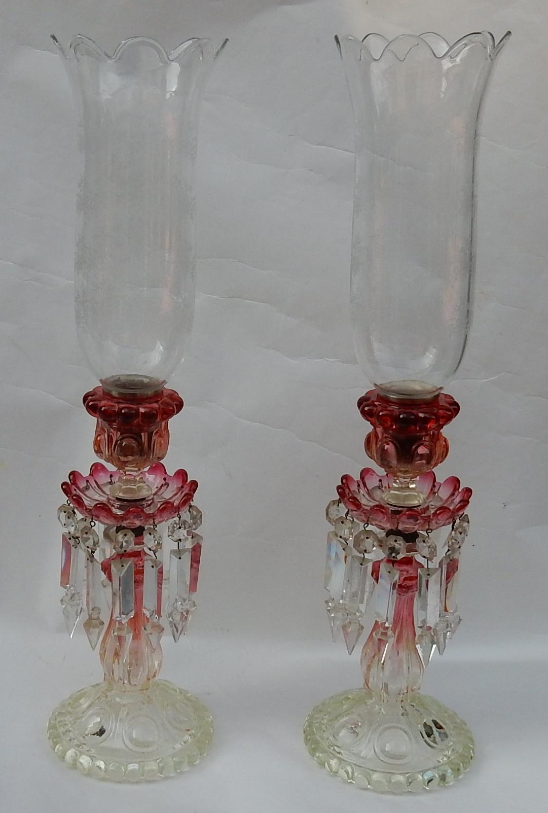 Molded Pair of Opalescent Crystal Candlesticks and Red Baccarat Signed, 1950-1970