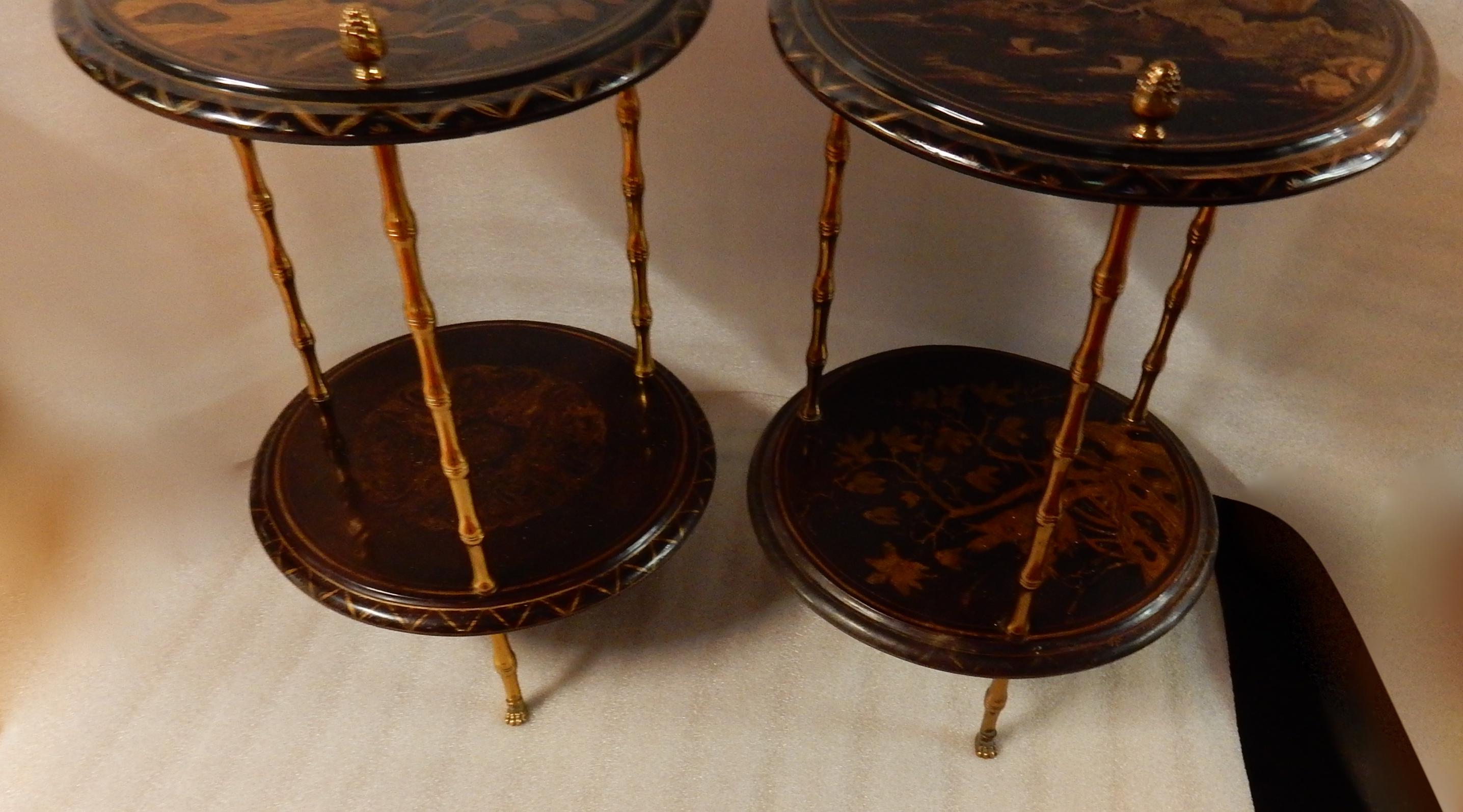 1950-1970 Pedestal in Gilt Bronze with Chinese Lacquer Tray, Pair 7