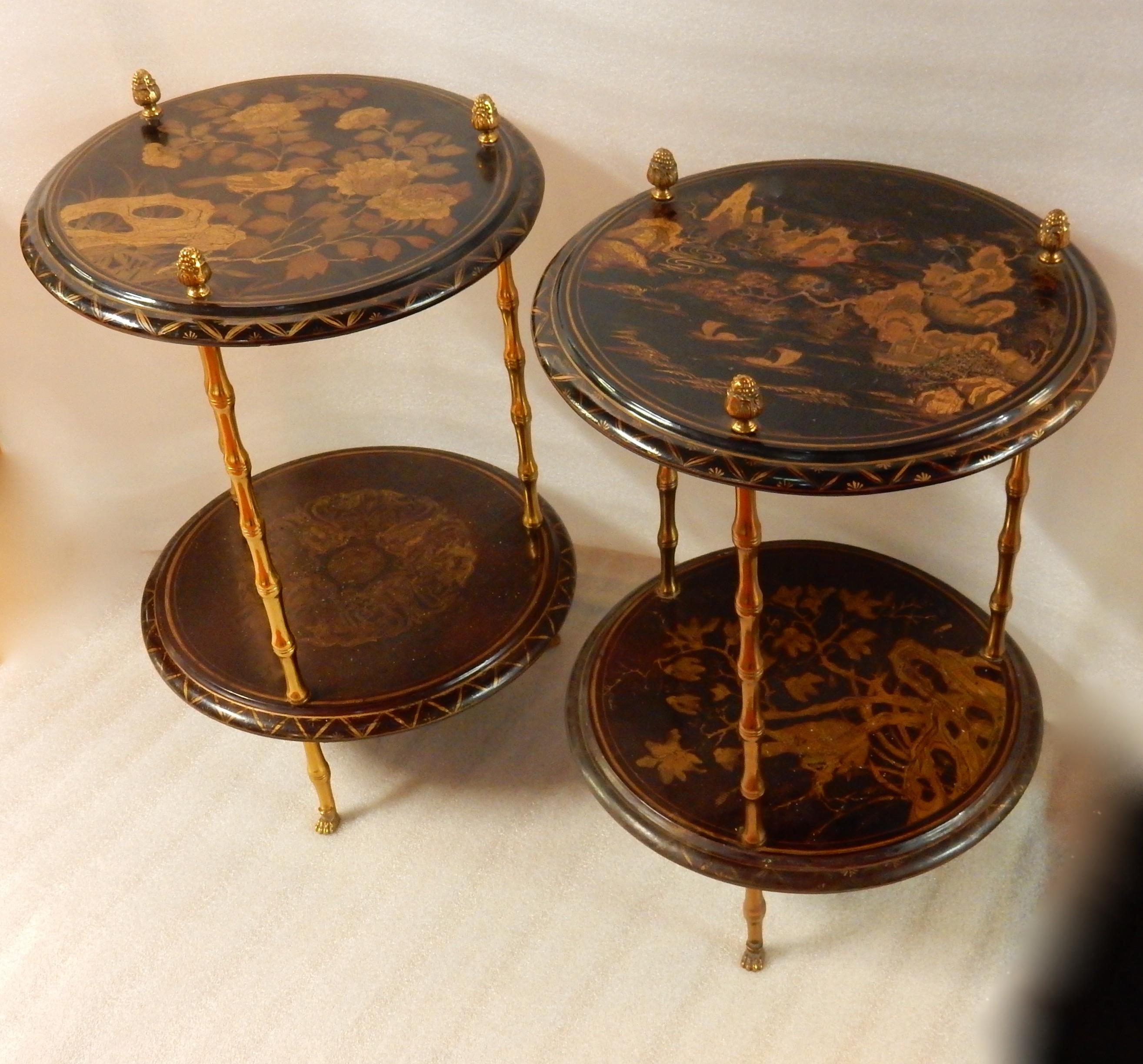 Neoclassical 1950-1970 Pedestal in Gilt Bronze with Chinese Lacquer Tray, Pair