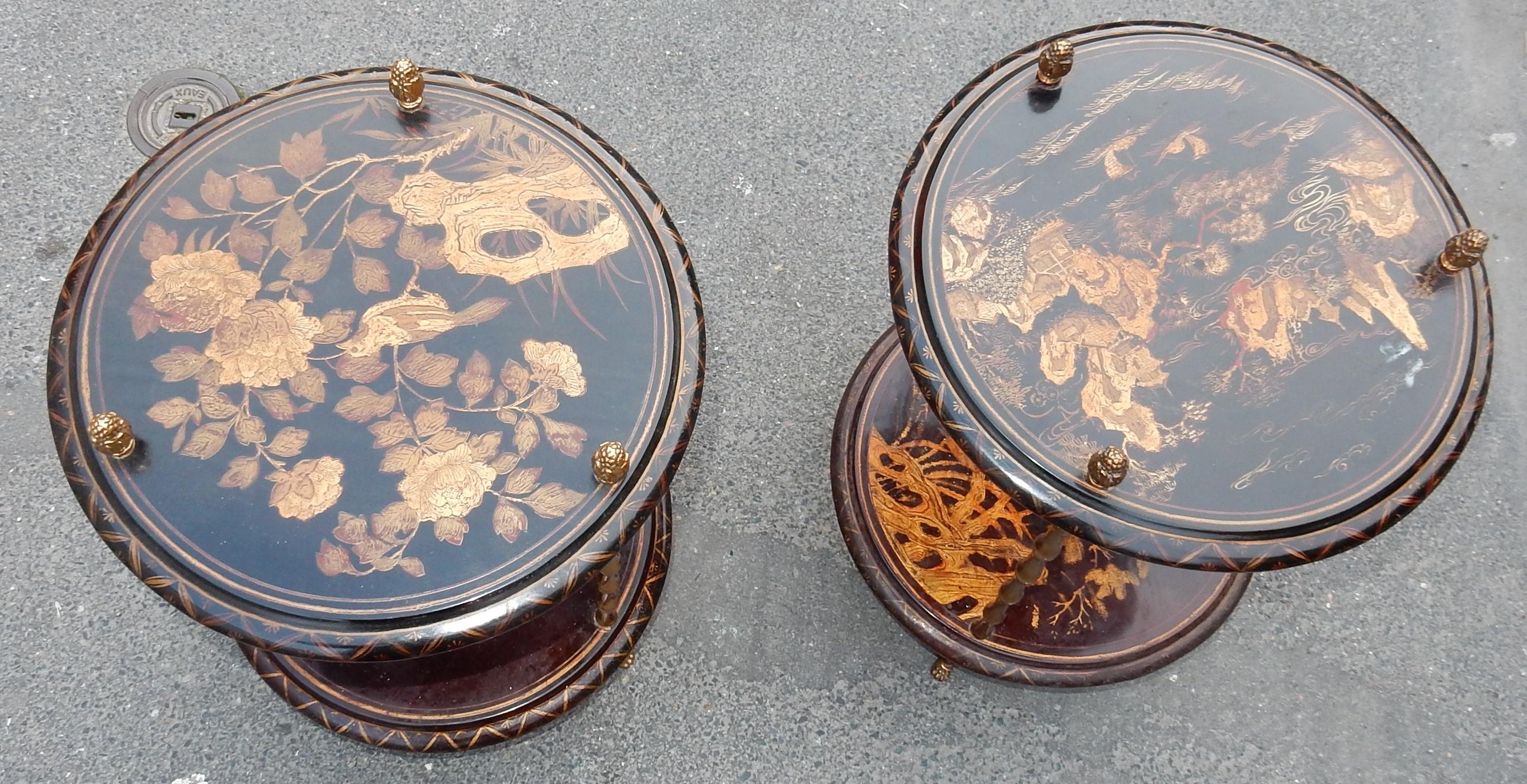 French 1950-1970 Pedestal in Gilt Bronze with Chinese Lacquer Tray, Pair