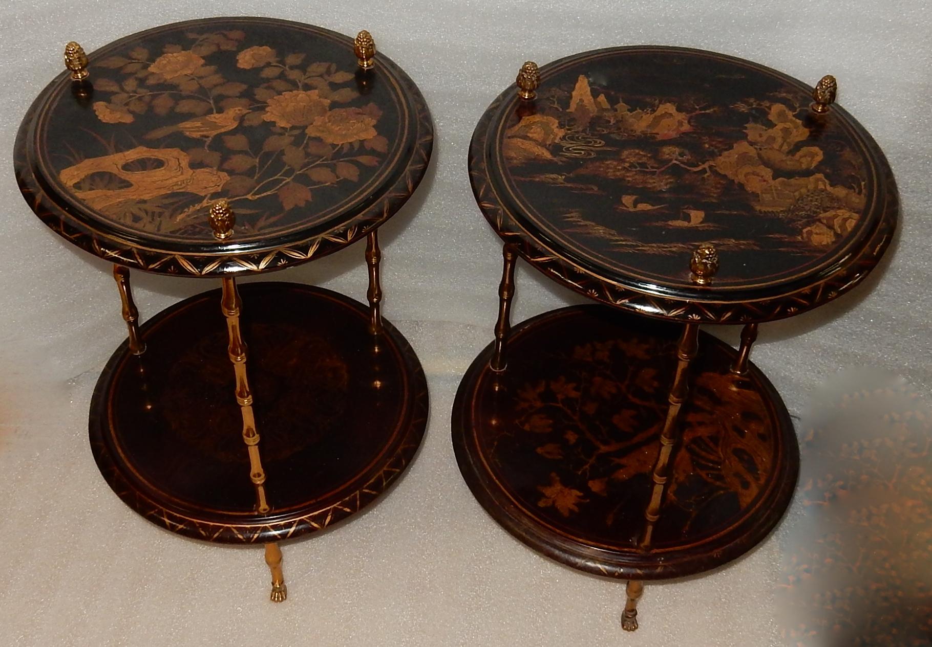 1950-1970 Pedestal in Gilt Bronze with Chinese Lacquer Tray, Pair 1
