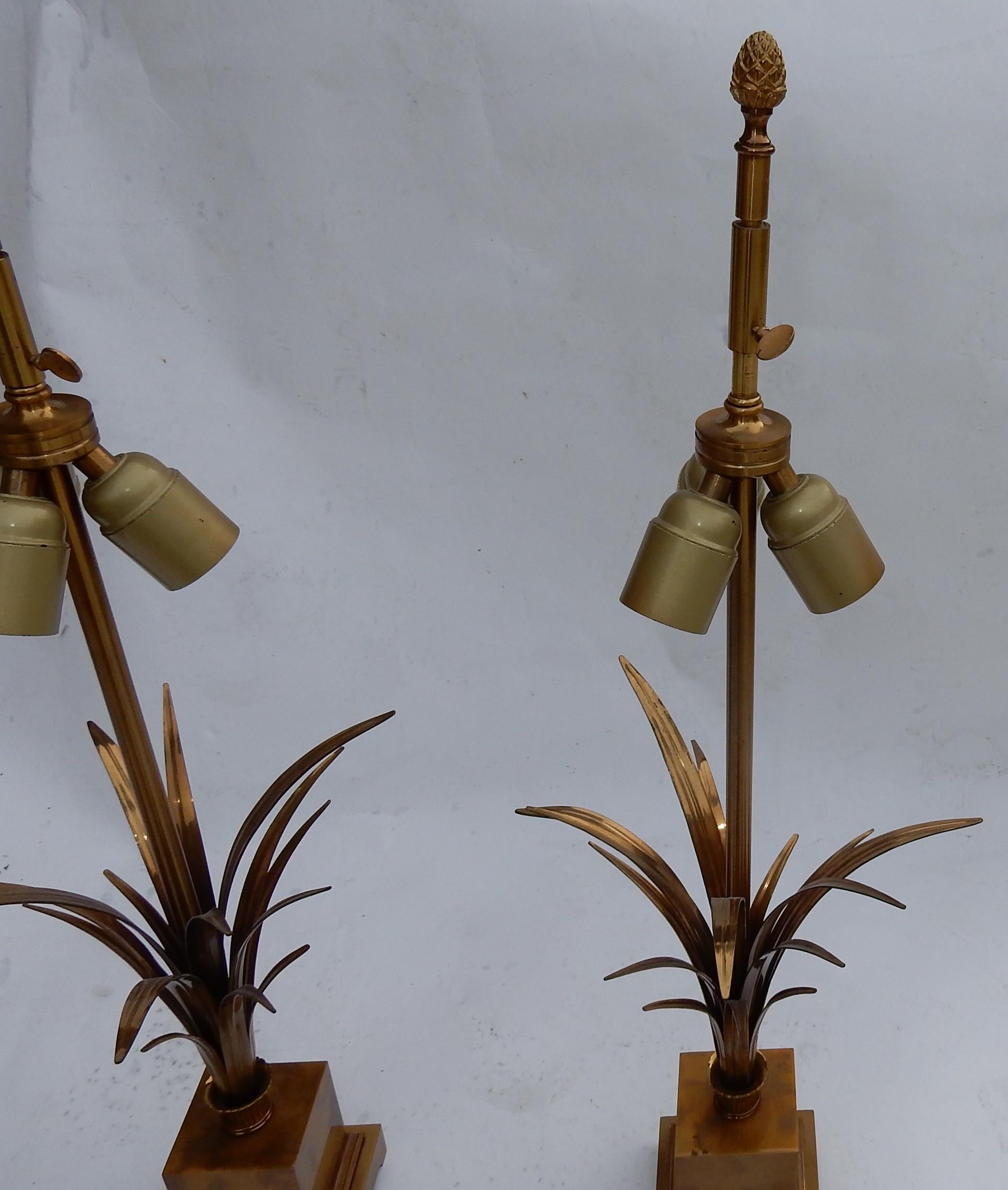 French 1950-1970 Pair of Reed Lamps in Brass and Gilt Bronze Signed Charles