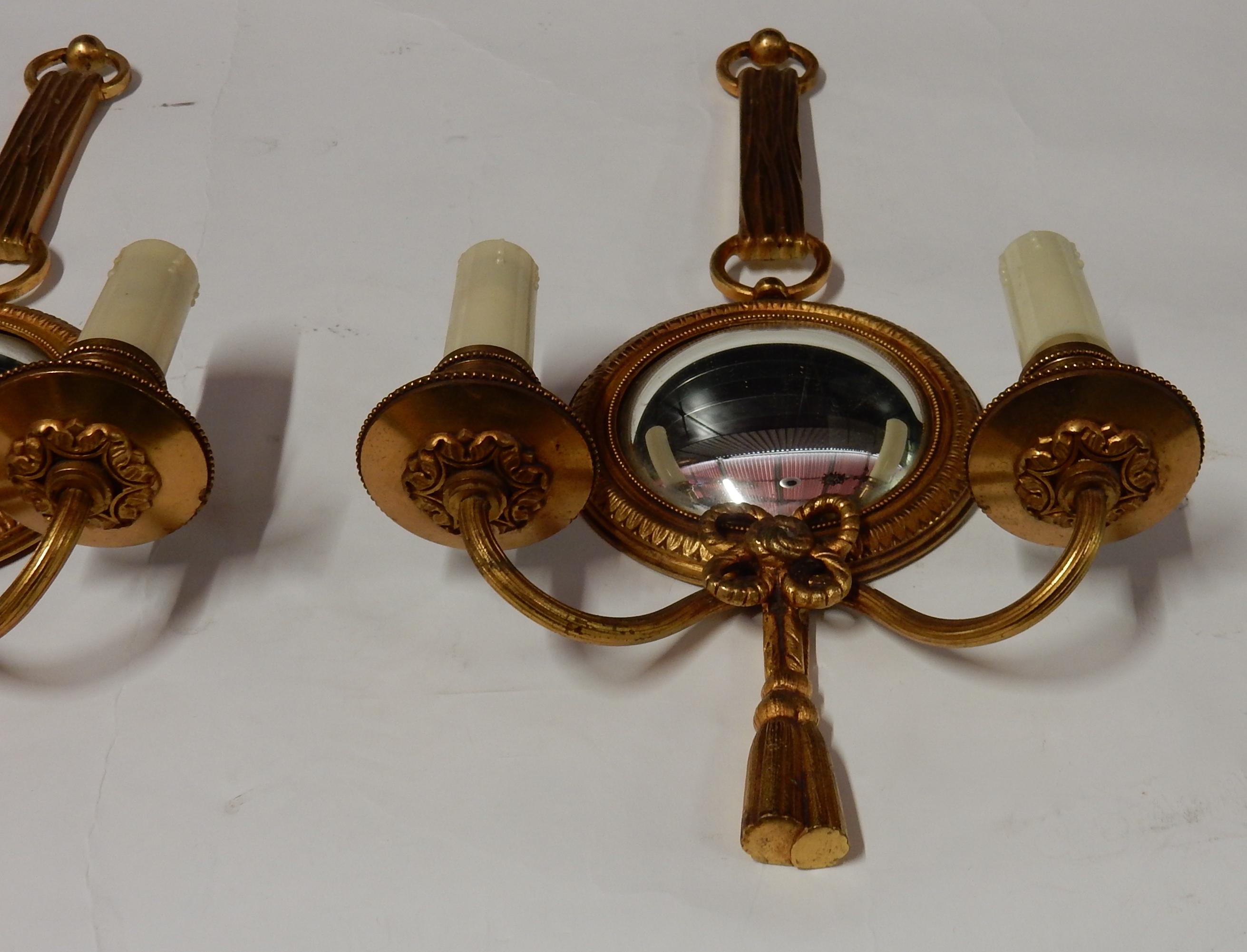 Art Deco 1950-1970 Pair of Sconces in Gilted Bronze with Convex Mirror Petitot Signed For Sale
