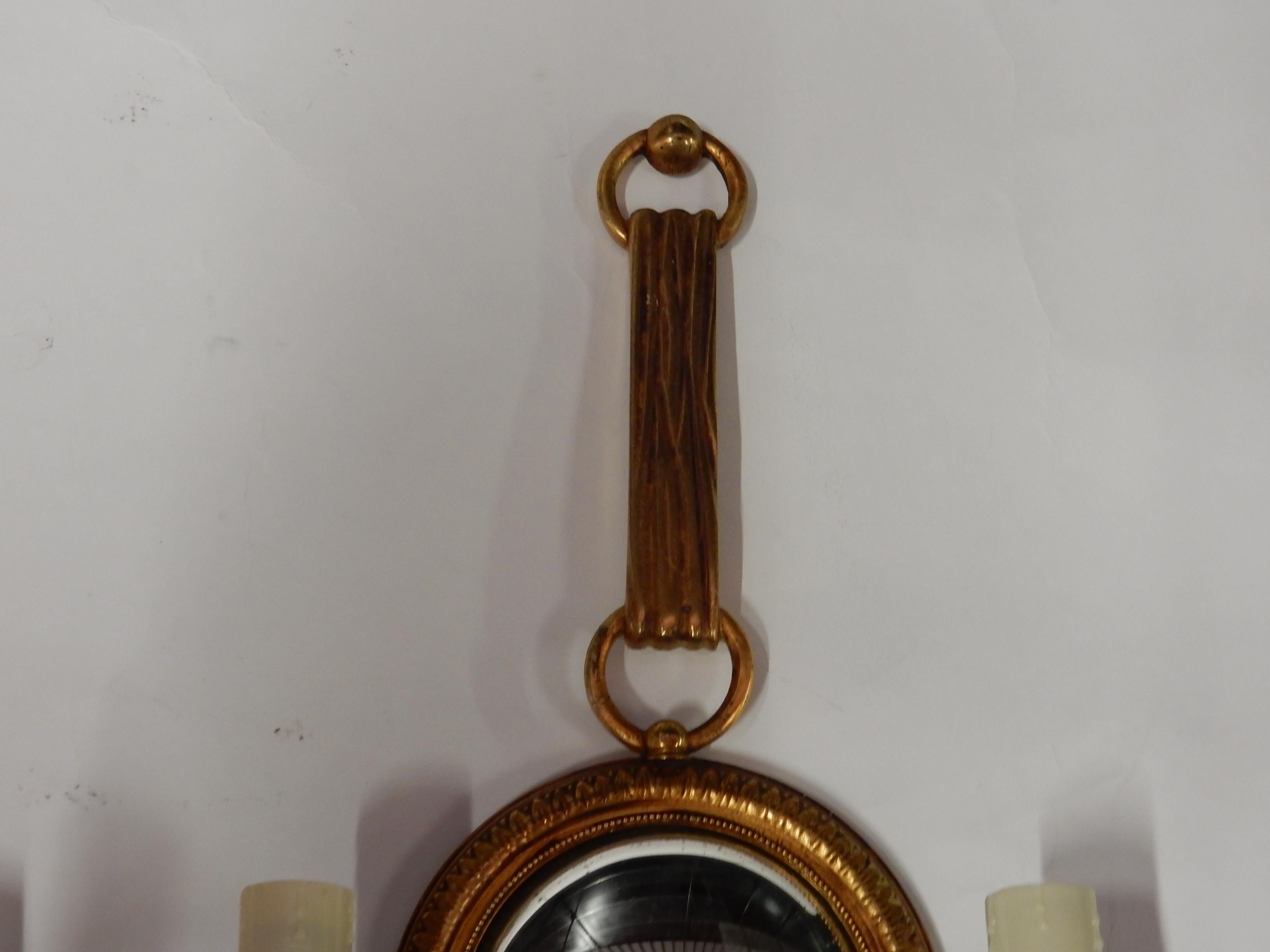 1950-1970 Pair of Sconces in Gilted Bronze with Convex Mirror Petitot Signed In Good Condition For Sale In Paris, FR