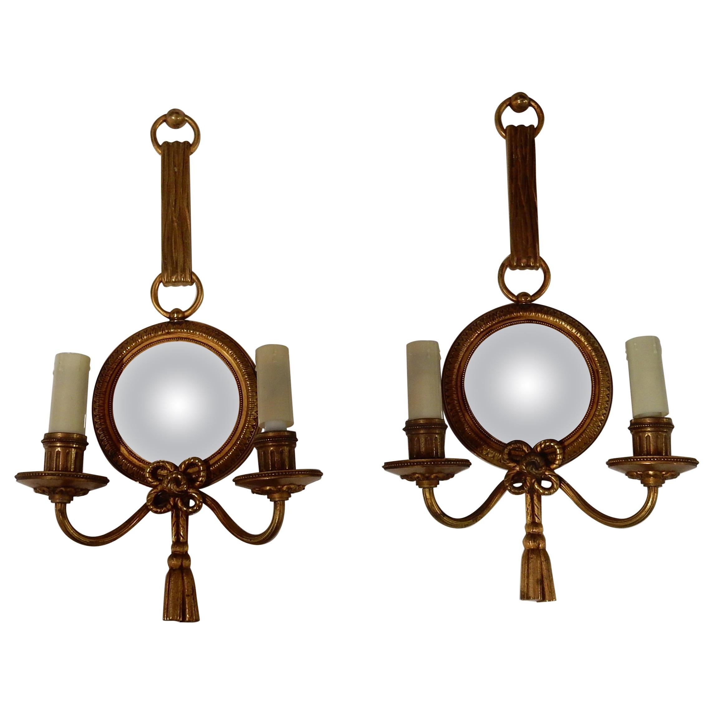 1950-1970 Pair of Sconces in Gilted Bronze with Convex Mirror Petitot Signed For Sale