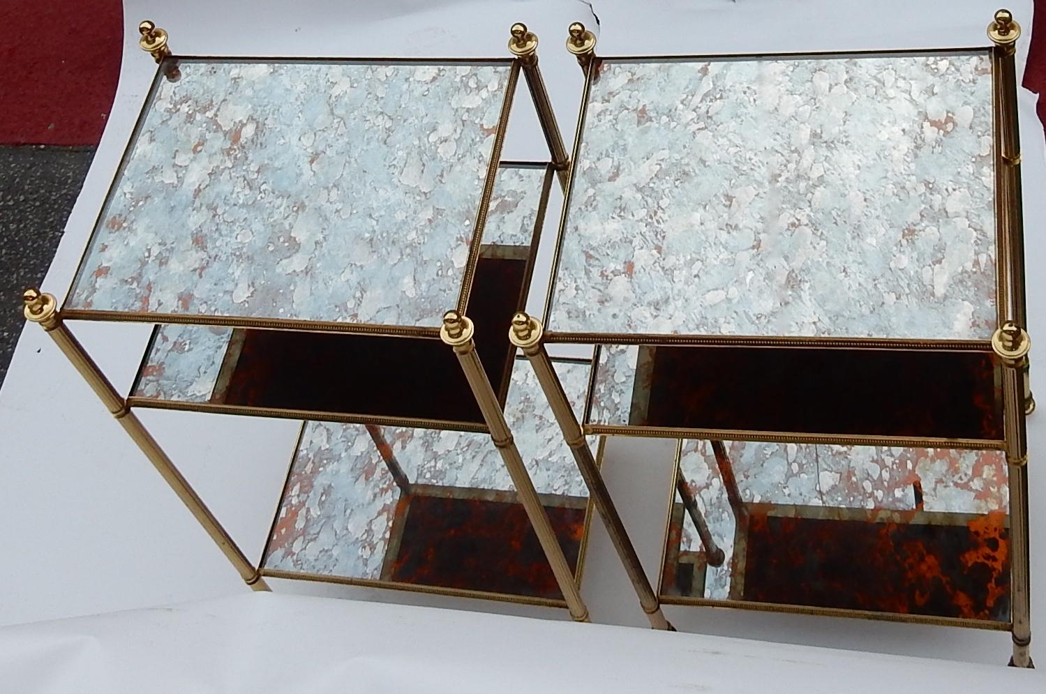 Brass 1950-1970 Pair of Shelves Has 3 Levels Style of Maison Bagués with Olded Mirror For Sale