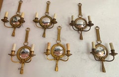 1950/70′ Series of 9 Gilt Bronze Wall Lights with Convex Mirror Signed Petitot