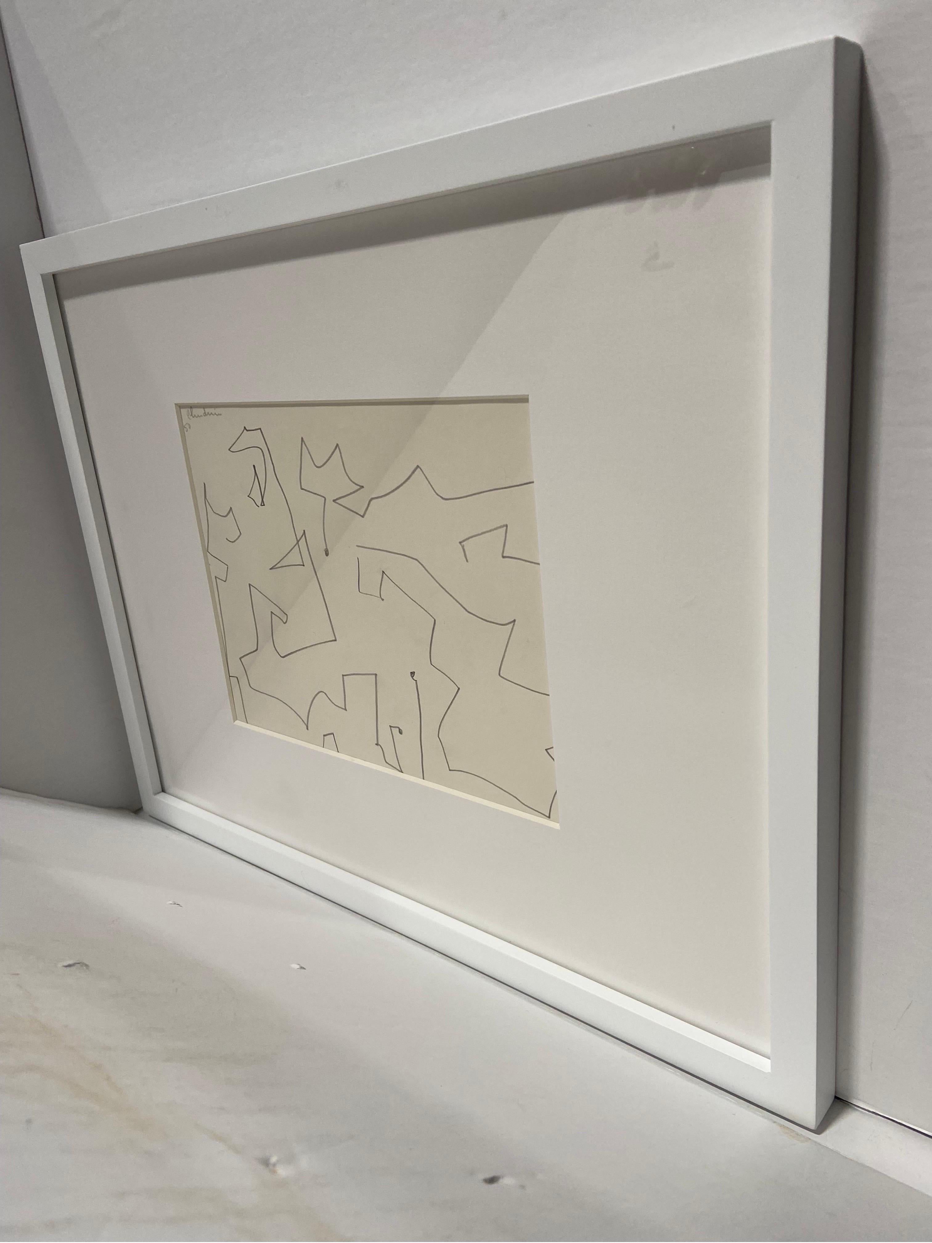 A geometric abstract drawing work on paper by New York City artist Eve Clendenin (1900 - 1974). Ms. Clendenin was both a student of and friend to the master 20th Century artist Hans Hofmann. Her letters and correspondence to Mr. Hofmann are well