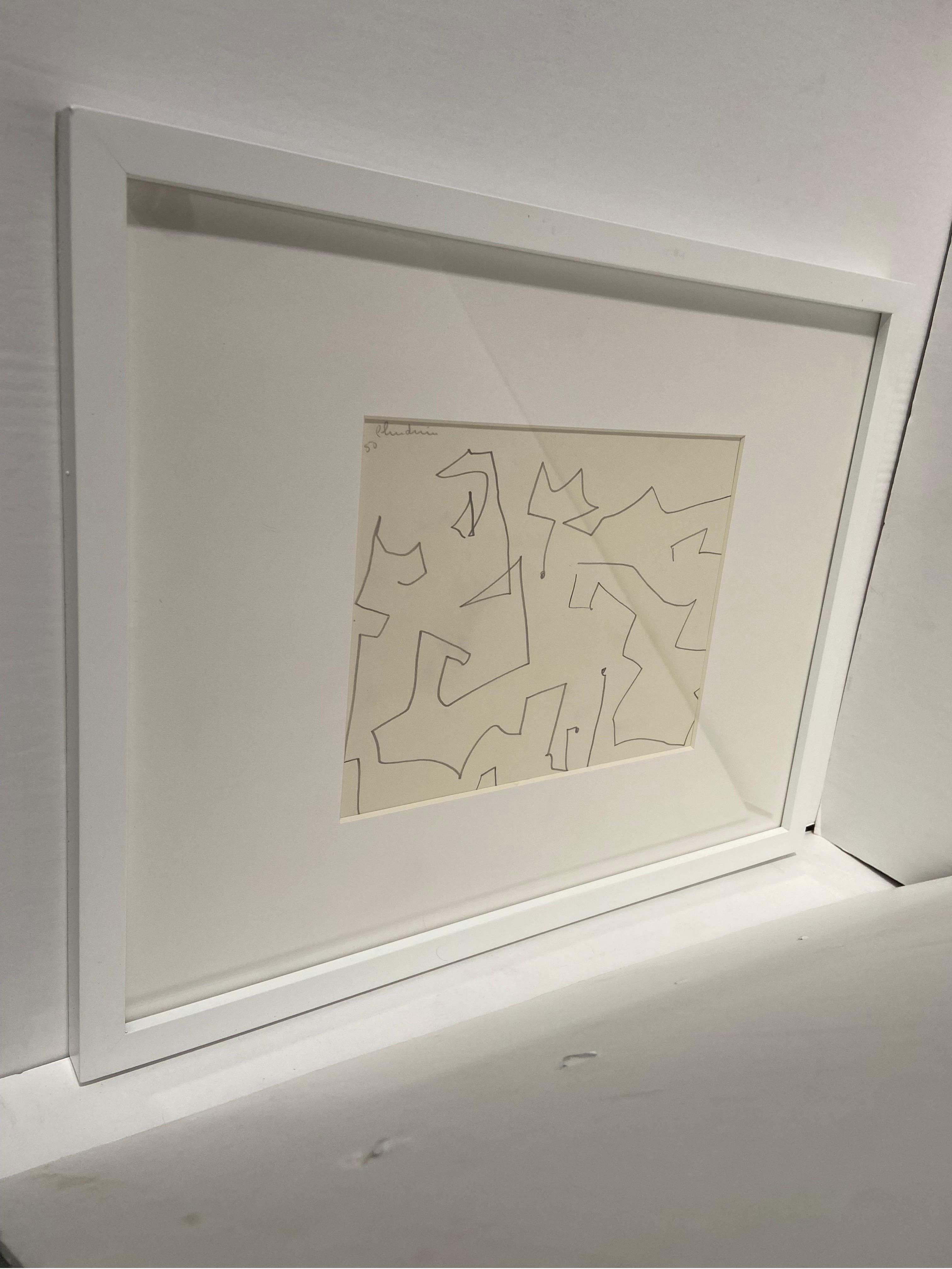 Mid-Century Modern 1950 Abstract Geometric Drawing in Pencil on Paper by Eve Clendenin NYC, Framed