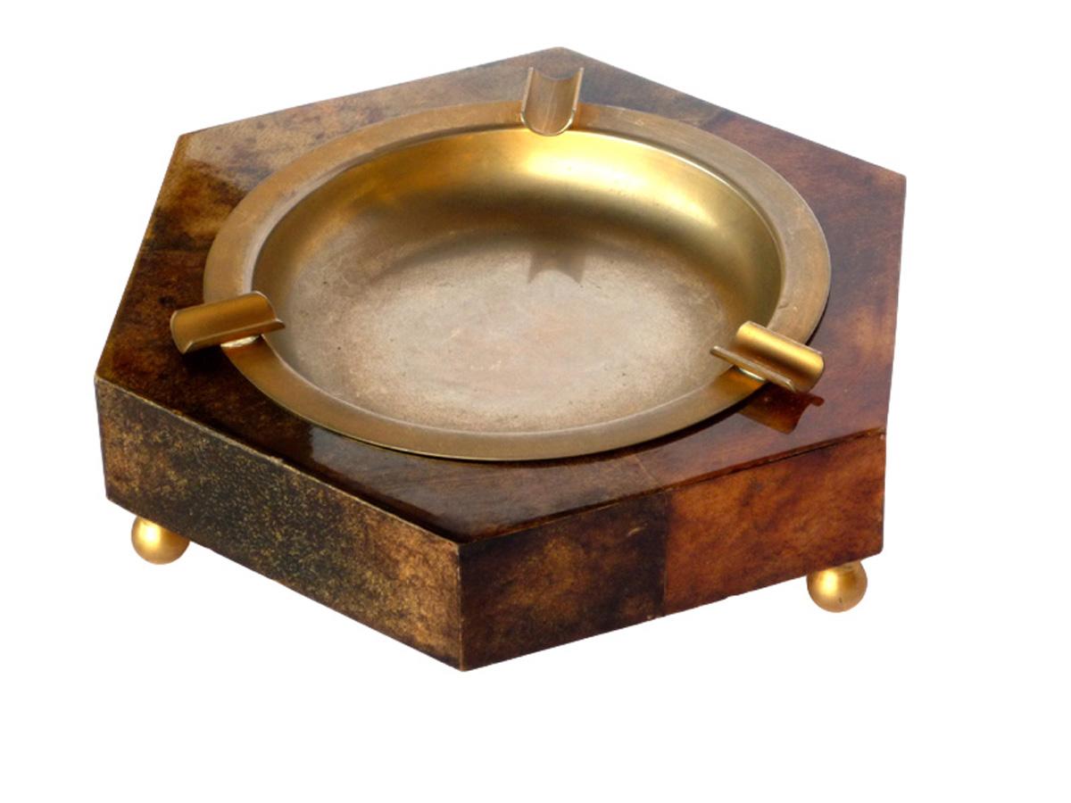 Mid-Century Modern 1950 Aldo Tura Italian Design MidCentury GoatSkin Brown Ashtray For Sale