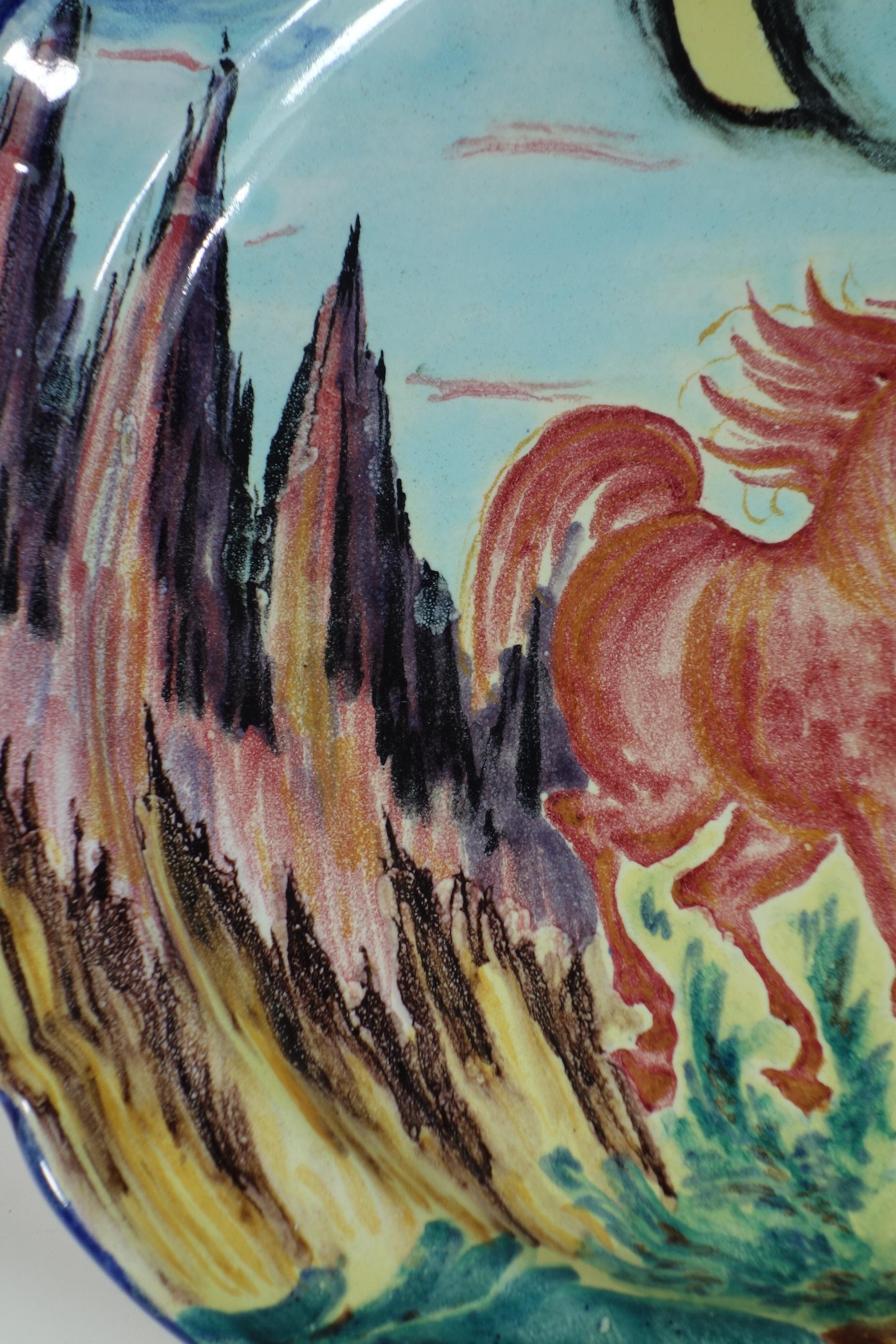 Metà XX secolo 1950 Aligi Sassu MGA Albisola Artista Italiano Paint Horse Piatto in ceramica in vendita
