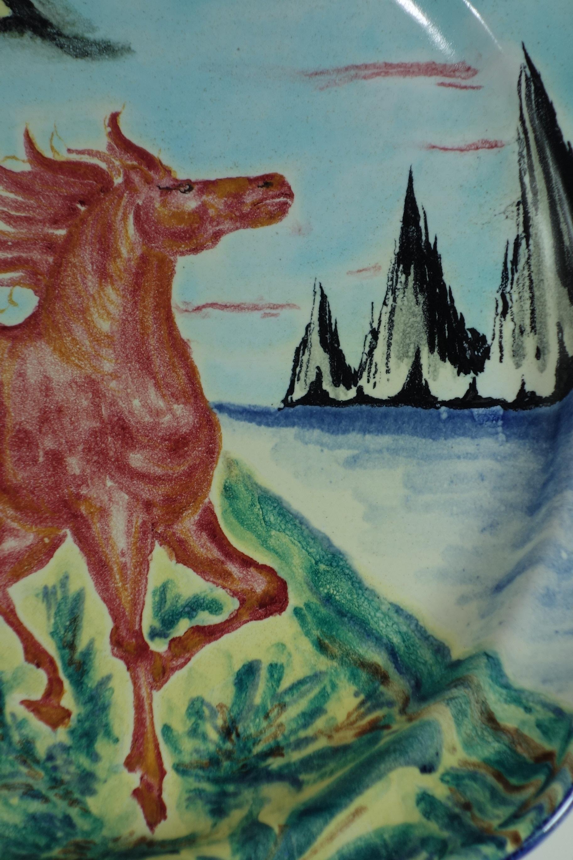 Ceramica 1950 Aligi Sassu MGA Albisola Artista Italiano Paint Horse Piatto in ceramica in vendita