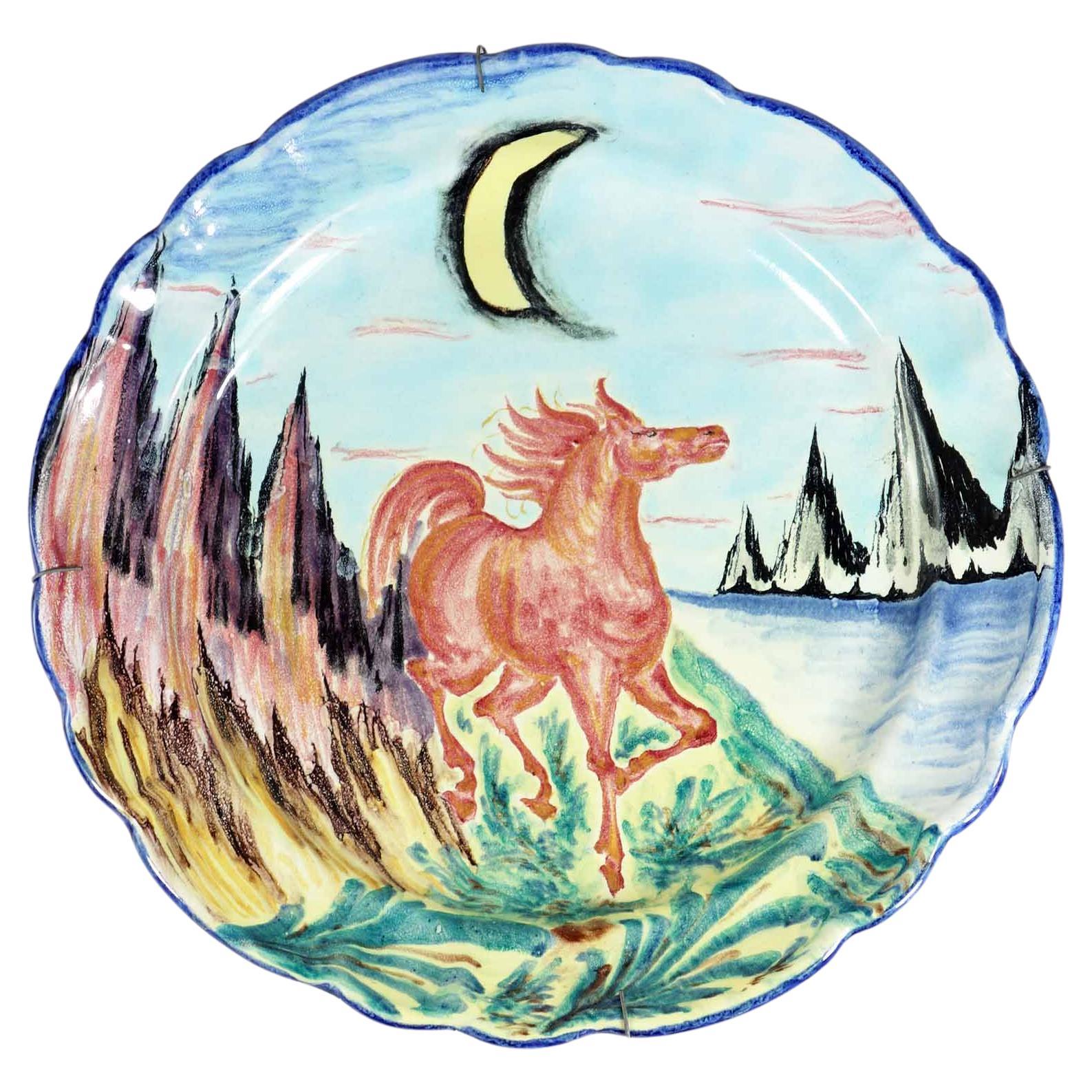 1950 Aligi Sassu MGA Albisola Artista Italiano Paint Horse Piatto in ceramica in vendita
