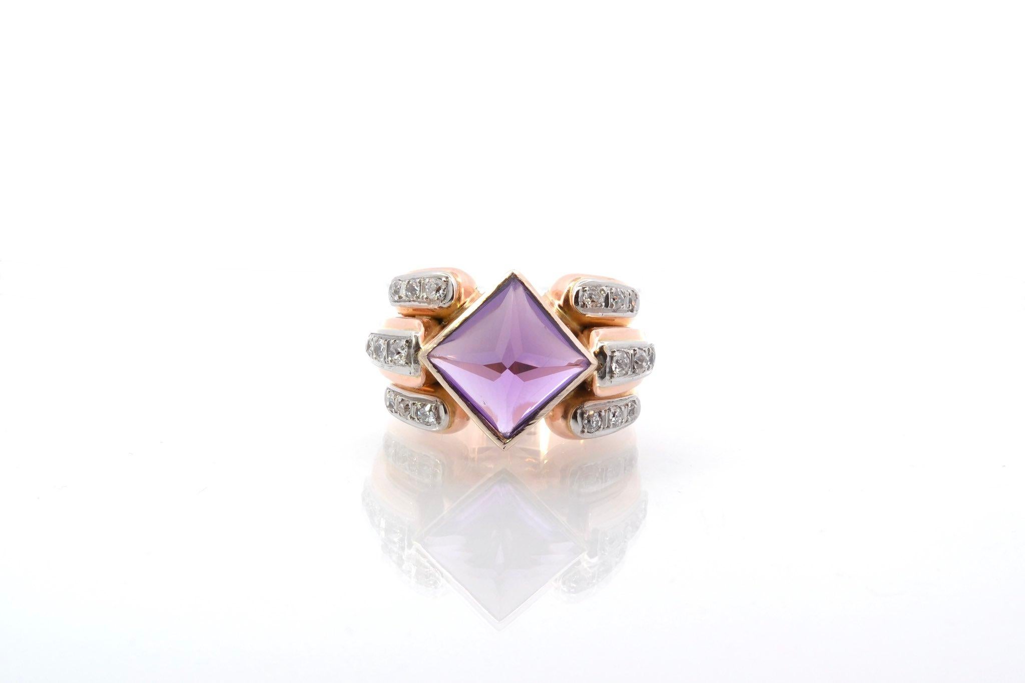 Stones: Amethyst of 7.8 cts and 18 old cut diamonds of 1.10 cts
Material: Platinum and 18k rose gold
Dimensions: 1.8cm
Weight: 21.8g
Period: 1950
Size: 55 (free sizing)
Certificate
Ref. : 24370