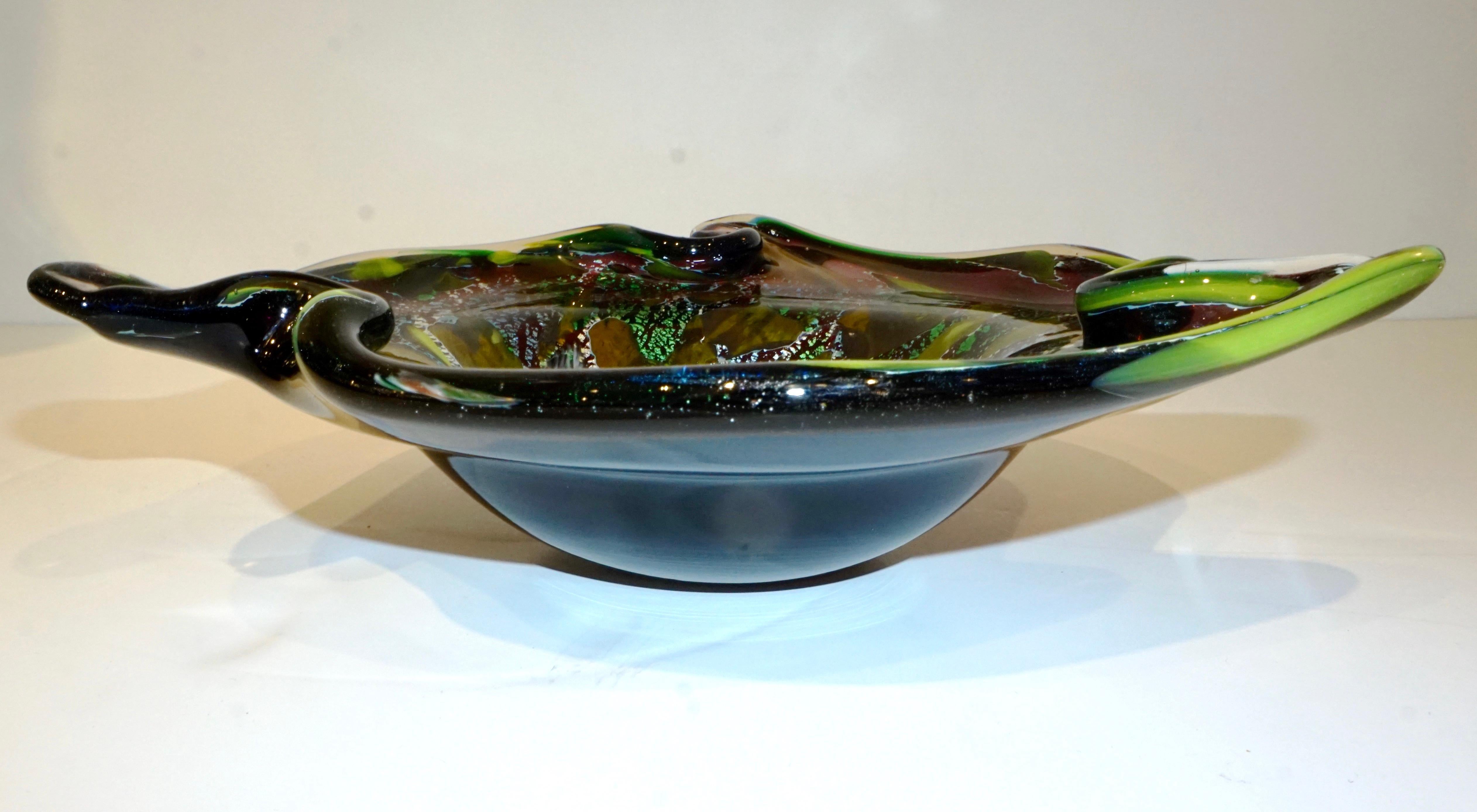 Art Glass 1950 Antique Italian Silver Leaf Purple Green Blue Murano Glass Catch-All/ Bowl