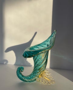 1950 Archimede Seguso Murano Cornucopia, Teal with Aventurine Gold Base & Scroll