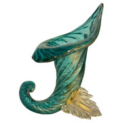 1950 Archimede Seguso Murano Cornucopia, Teal with Aventurine Gold Base & Scroll