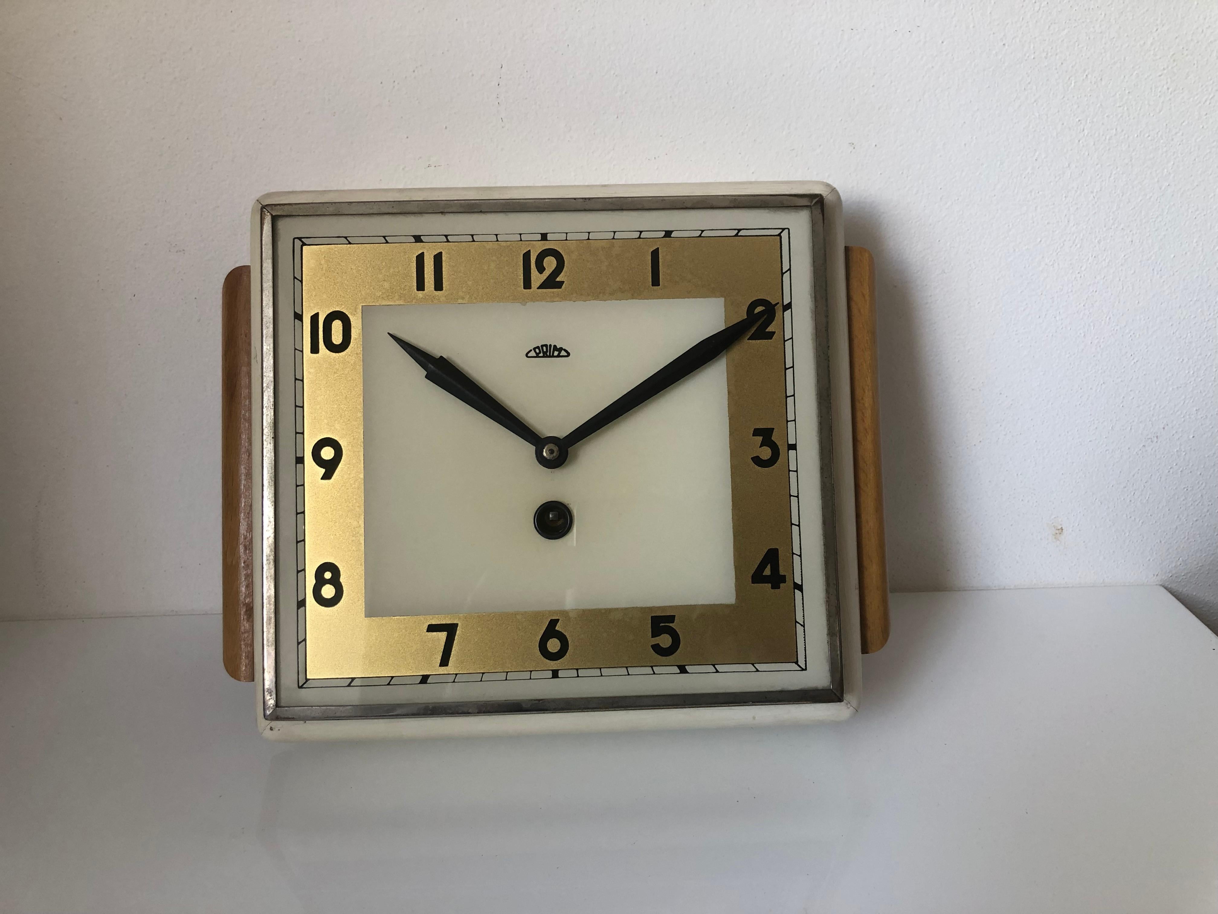 Glass 1950 Art Deco Wooden Clock Prim, Czechoslovakia