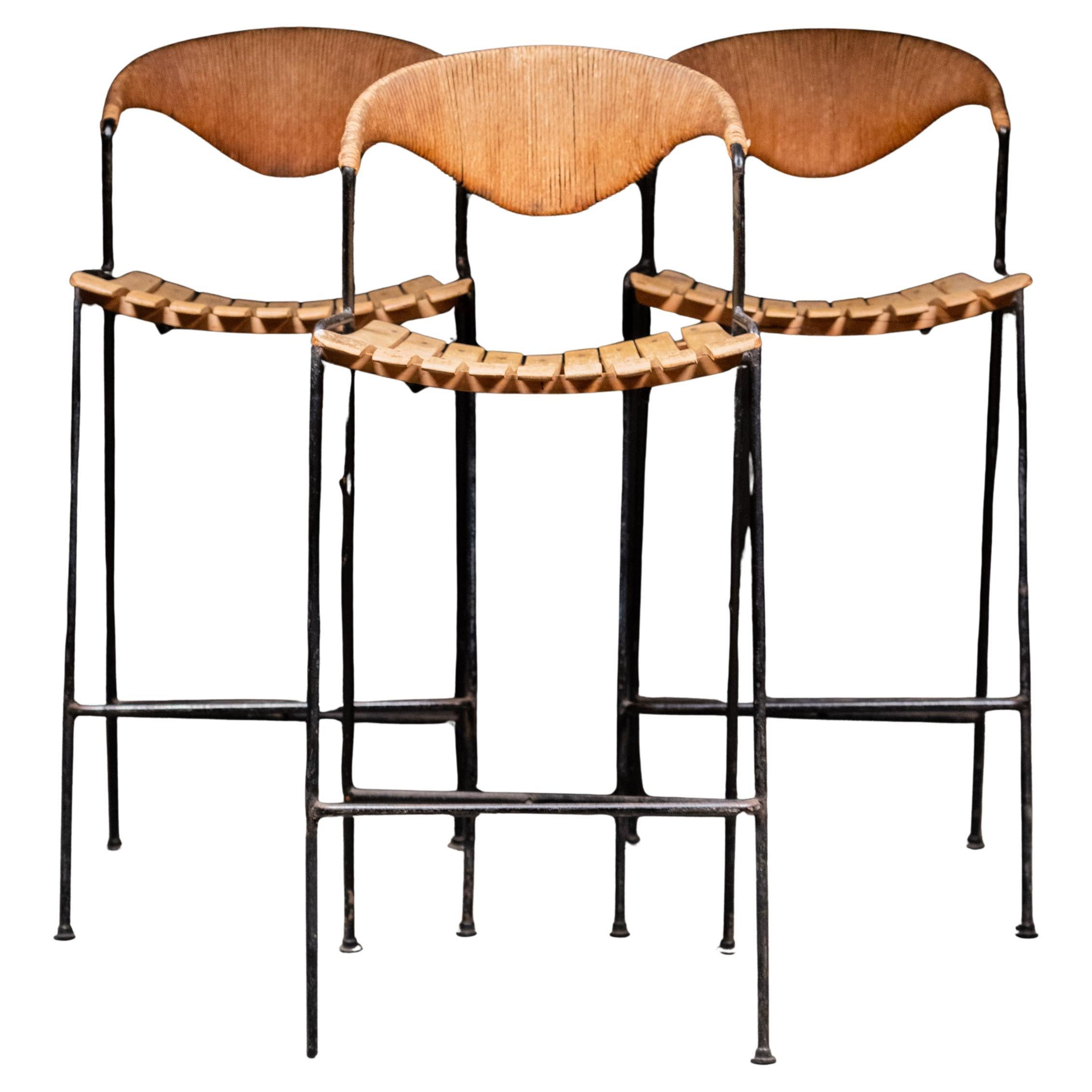 1950 Arthur Umanoff Iron Wood Wicker Counter Bar Stool Mid-Century Modern