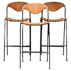 1950 Arthur Umanoff Iron Wood Wicker Counter Bar Stool Mid-Century Modern