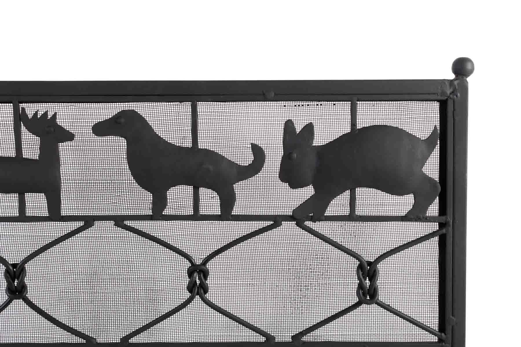 Ateliers Marolles fire screen in wrought iron, 1950.
Beautiful ironwork on animal nature, represented by rabbits, horses, dogs and deer.
The part exposed to the fires is covered with a very fine mesh for more security.
