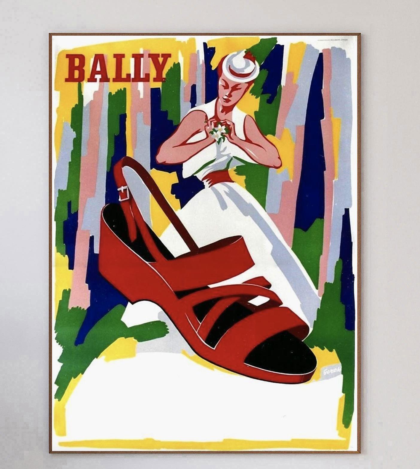 One of the most iconic and sought after designs of the 20th century, the poster designs of bally showcase the crossover between advertisement and fine art.
The luxury Swiss Shoemaker worked with a range of esteemed poster artists such as Bernard