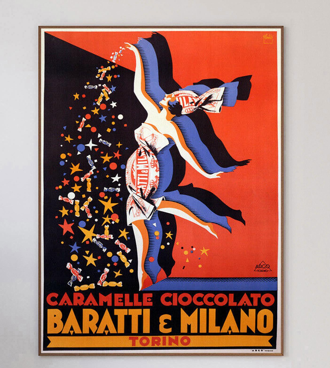 Devenu l'un des noms les plus connus de la confiserie italienne, Baratti e Milano a été fondé en 1858 lorsqu'il a ouvert son premier magasin à Turin (Torino).

Ce magnifique motif art déco représentant une femme qui s'asperge de confiseries a été