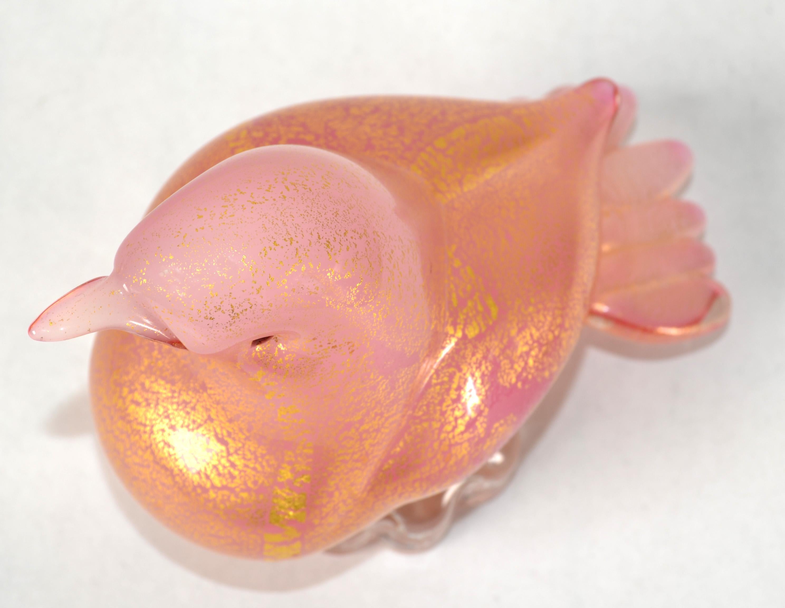 Scultura di uccello italiana in vetro artistico di Murano in stile Barbini del 1950, con macchie d'oro rosa in vendita 8