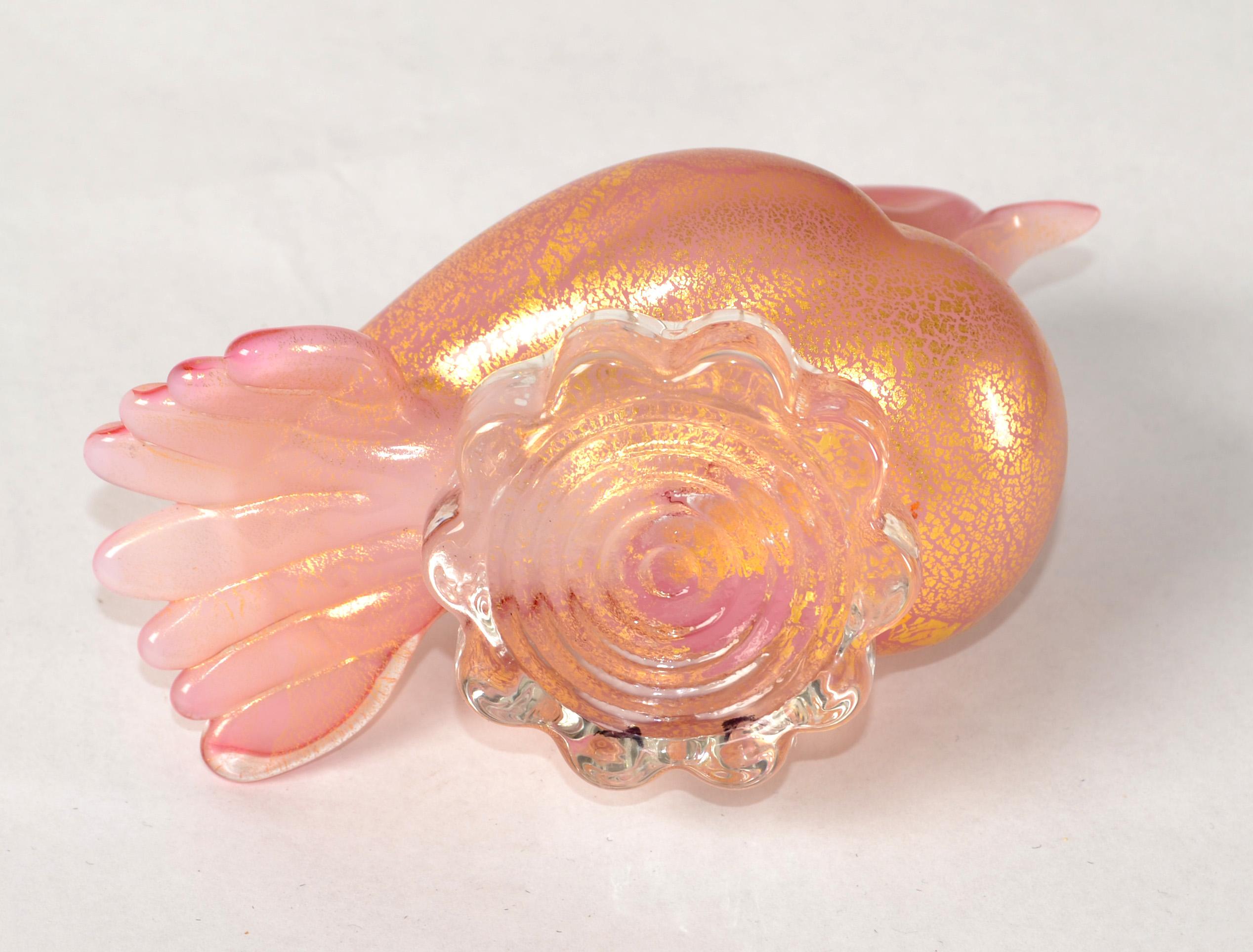 Scultura di uccello italiana in vetro artistico di Murano in stile Barbini del 1950, con macchie d'oro rosa in vendita 9