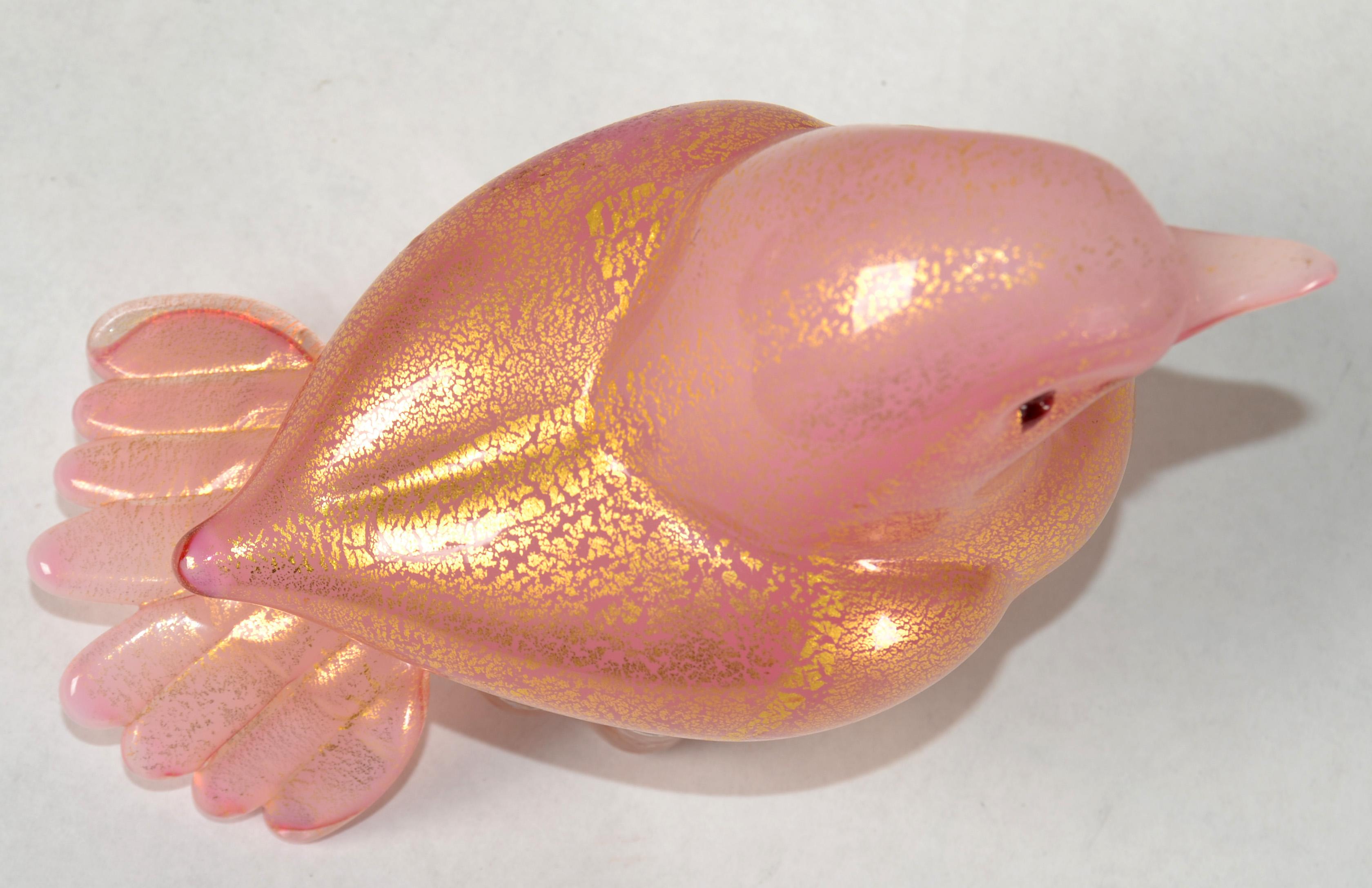 Scultura di uccello italiana in vetro artistico di Murano in stile Barbini del 1950, con macchie d'oro rosa in vendita 1