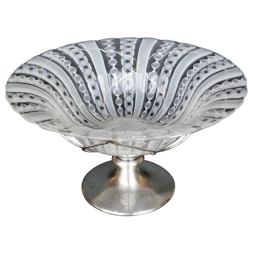 1950 Barovier e Toso "Zanfirico" Glass and Silver Italian Murano Bowl