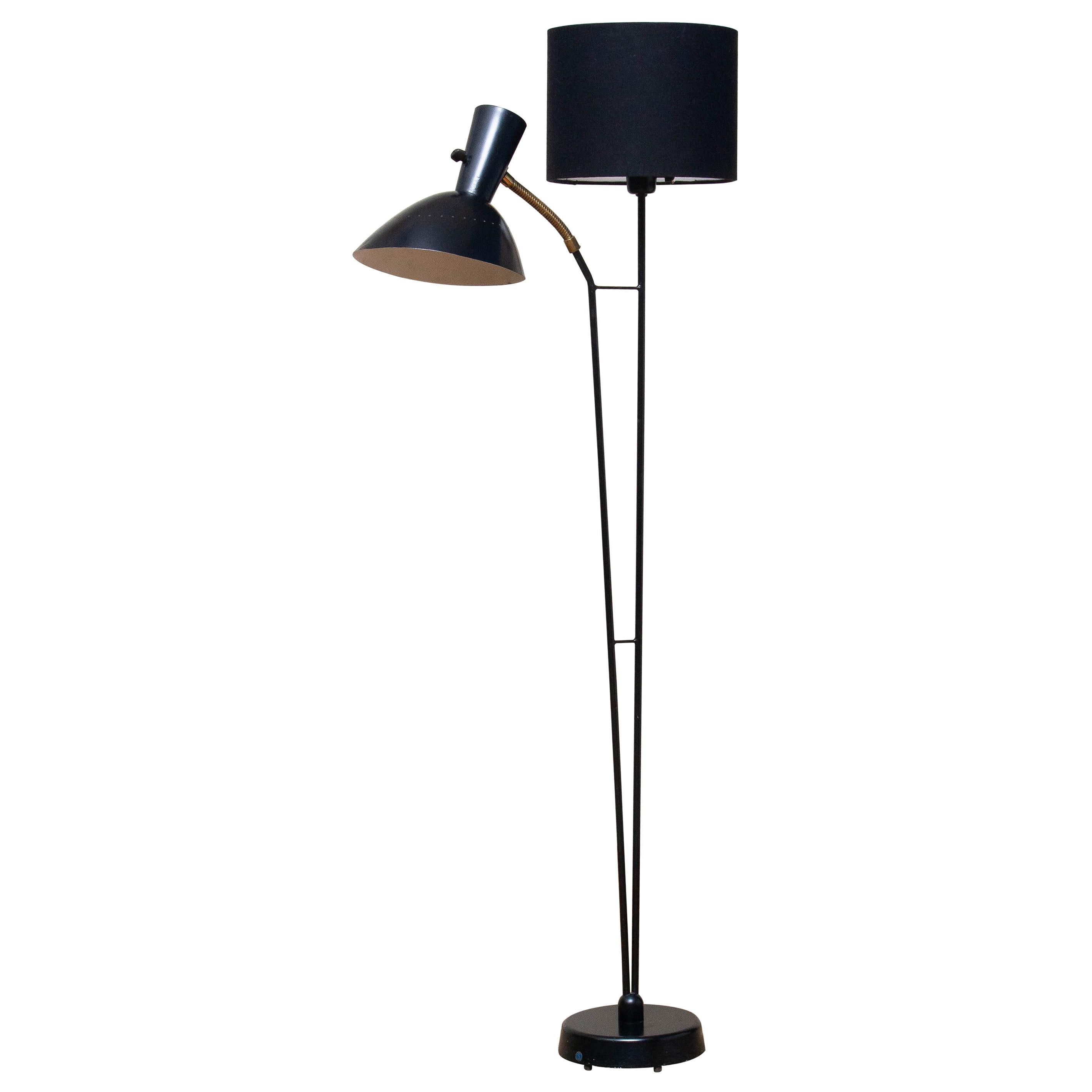 Mid-Century Modern 1950 Black Metal and Brass Floor Lamp, Hans Bergström for Ateljé Lyktan, Sweden