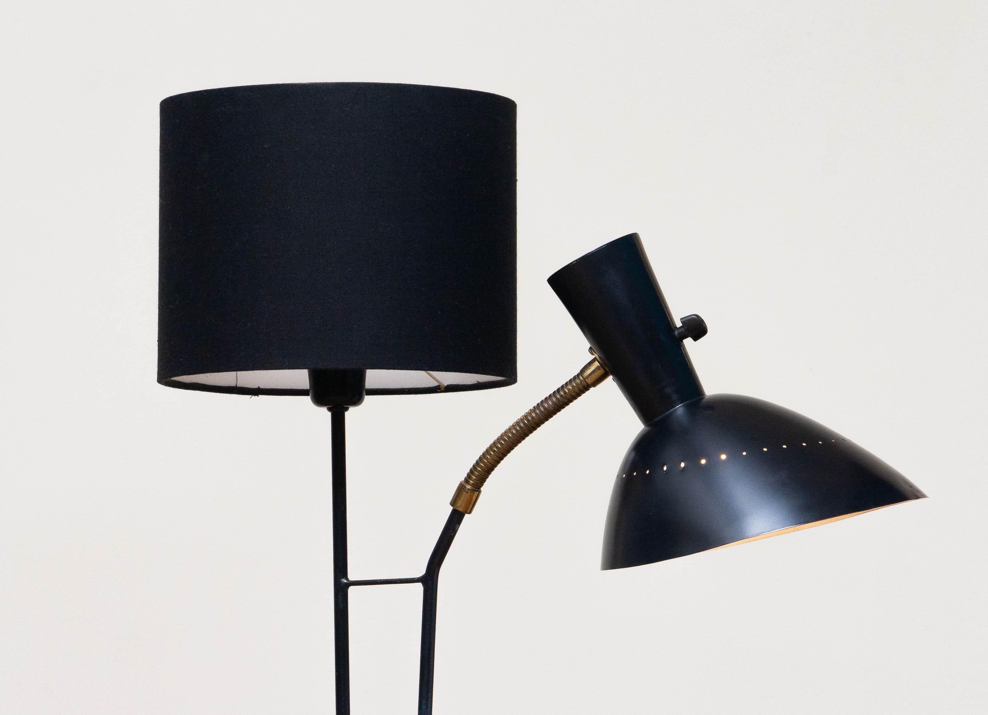 Aluminum 1950 Black Metal and Brass Floor Lamp, Hans Bergström for Ateljé Lyktan, Sweden