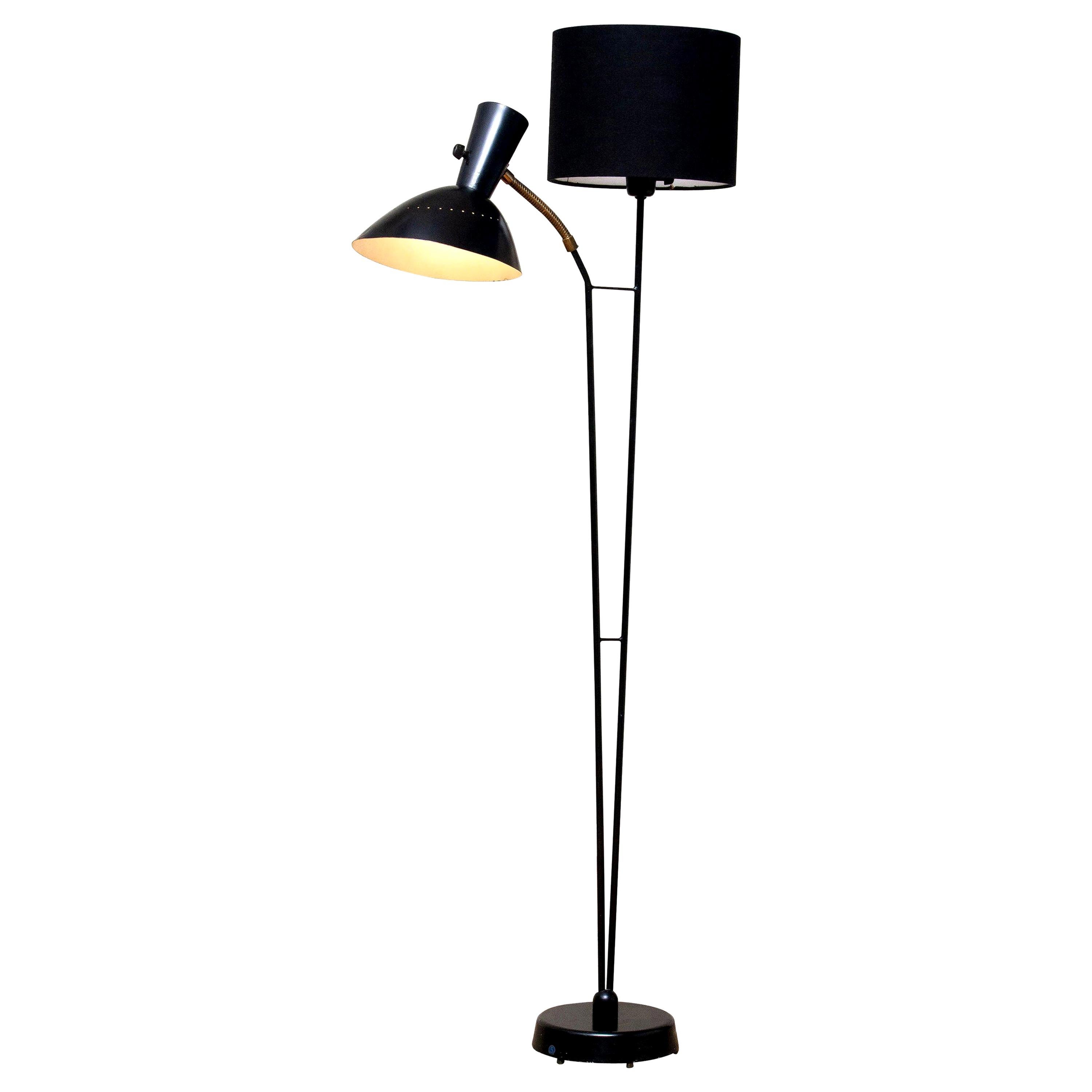 Mid-Century Modern 1950 Black Metal and Brass Floor Lamp, Hans Bergström for Ateljé Lyktan, Sweden