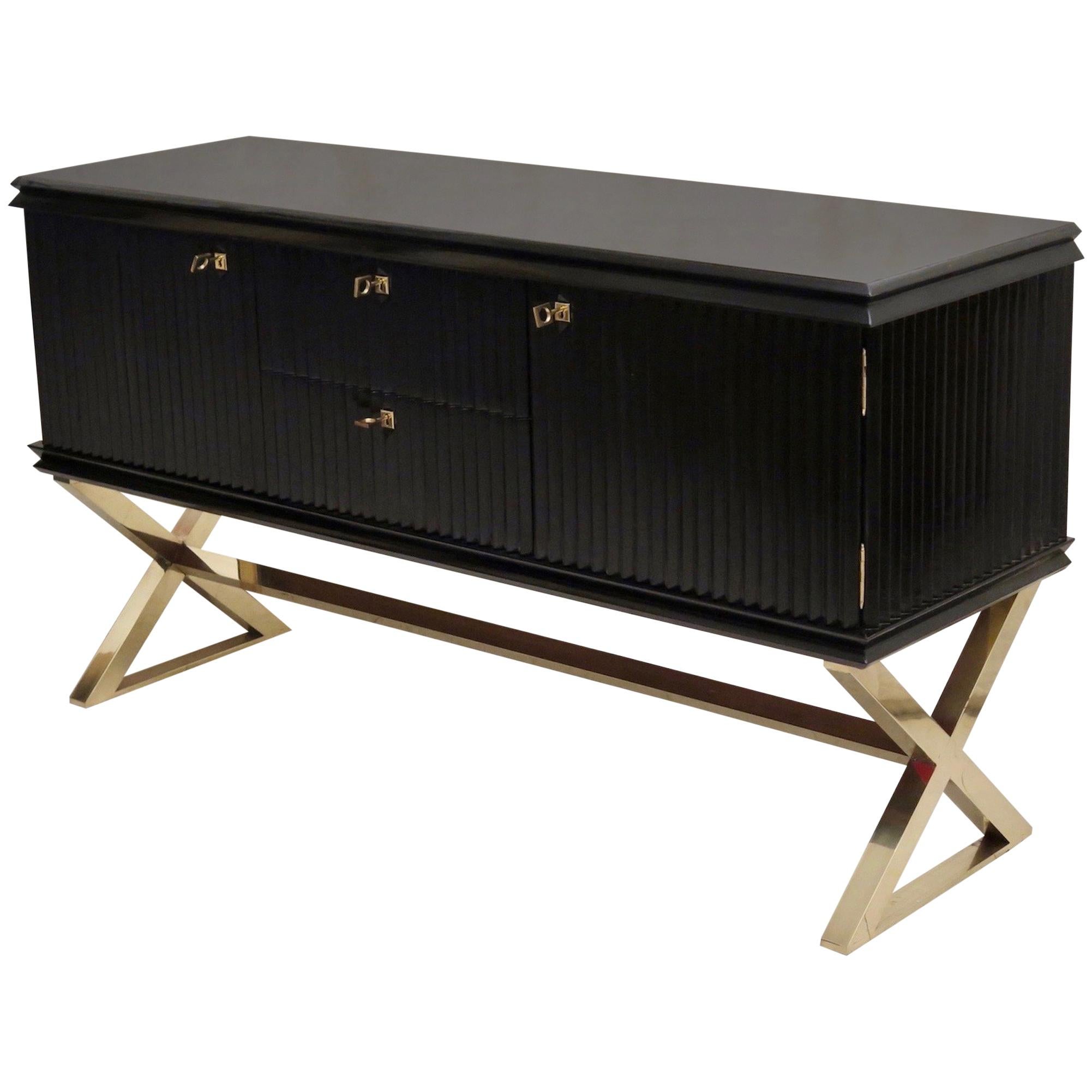 1950 Black Shellac and Brass Italian Midcentury Sideboard