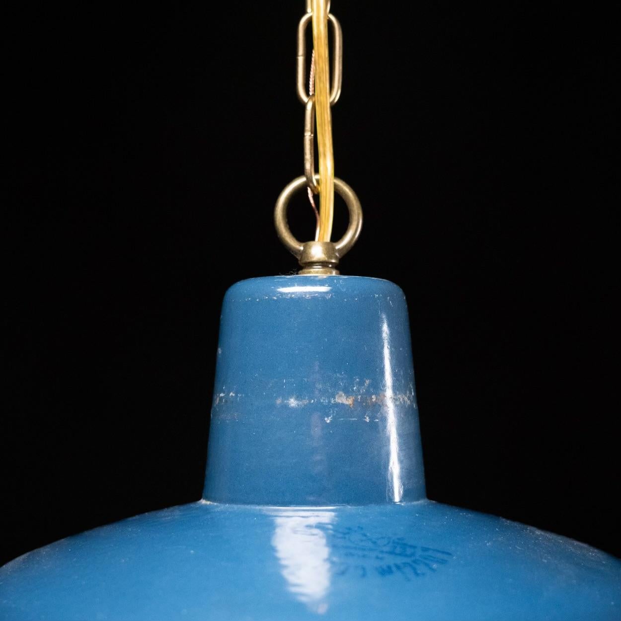 Industrial 1950 blue enamel industrial factory pendant lights For Sale