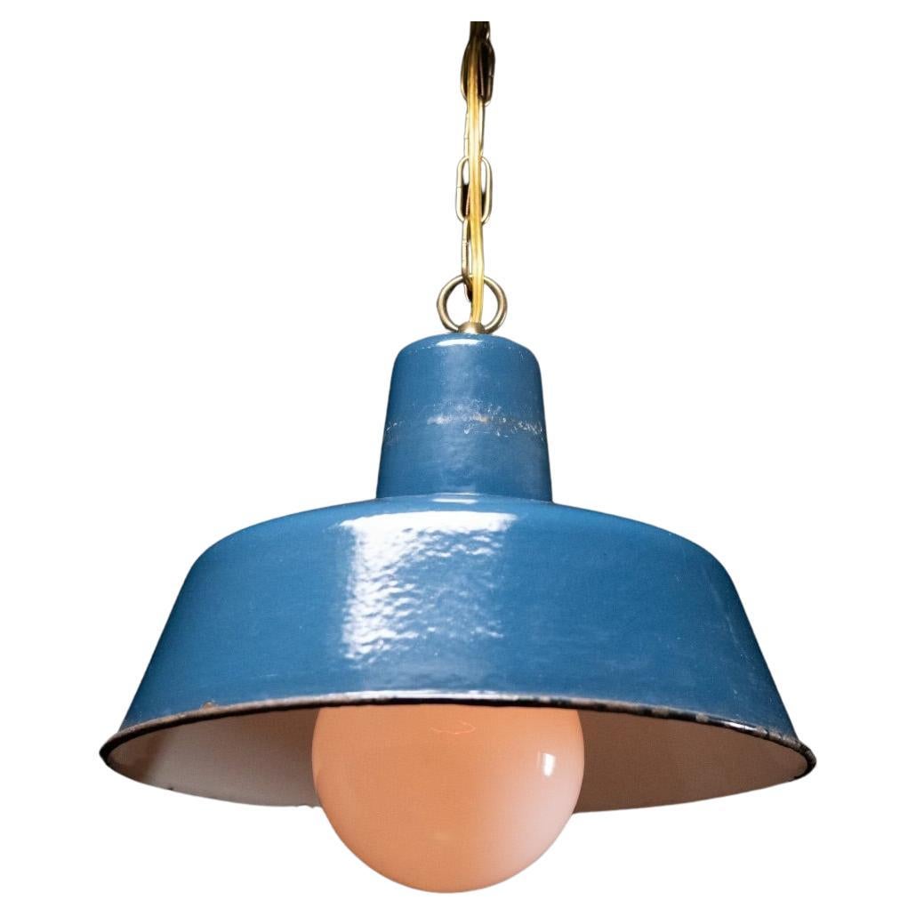 1950 blue enamel industrial factory pendant lights For Sale