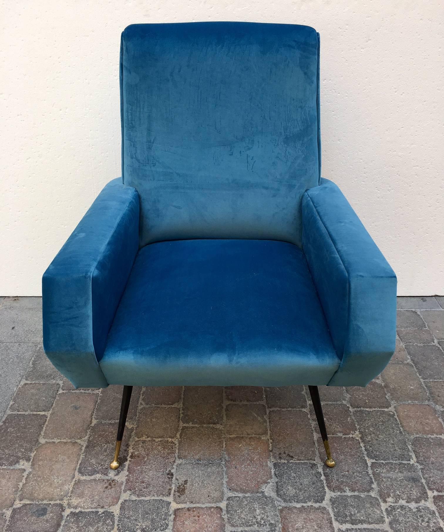 Mid-Century Modern 1950 Blue Velvet Italian Armchair
