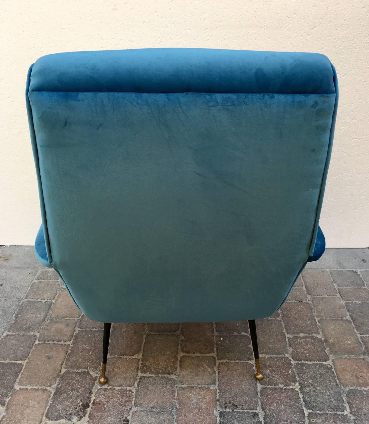 1950 Blue Velvet Italian Armchair In Fair Condition In Madrid, ES