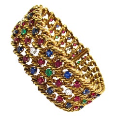 1950 Boucheron Paris Ruby Sapphire Emerald Diamond Gold Bracelet