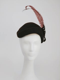 1950 Brown Felt hat with Feather and Rhinestone Embellishment