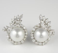 1950 ca 6.50 Ct Diamond 15.50 mm South Sea Pearl Earrings