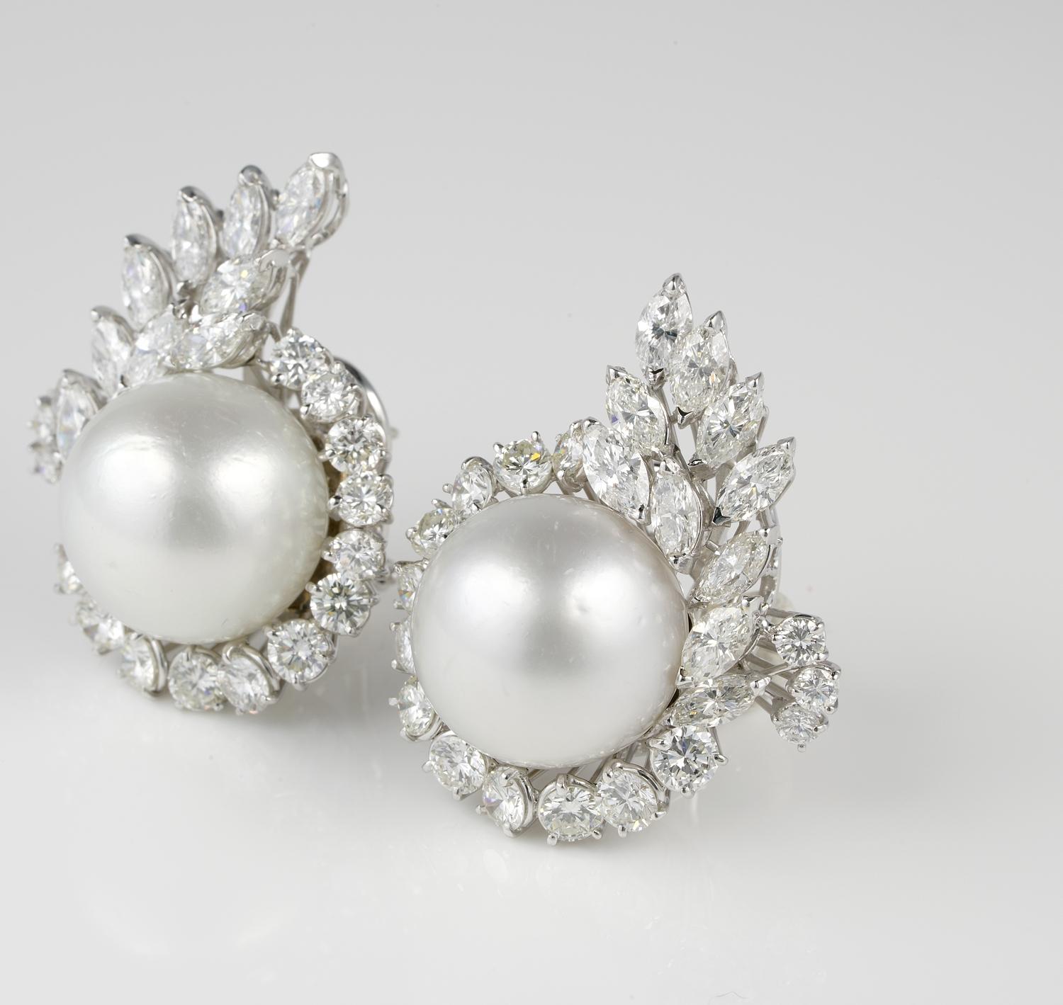 Contemporary 1950 ca 6.50 Ct Diamond 15.50 mm South Sea Pearl Earrings For Sale