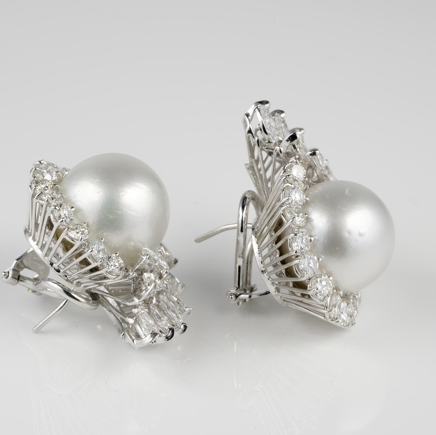 1950 ca 6.50 Ct Diamant 15.50 mm Südsee Perlen Ohrringe im Zustand „Hervorragend“ im Angebot in Napoli, IT