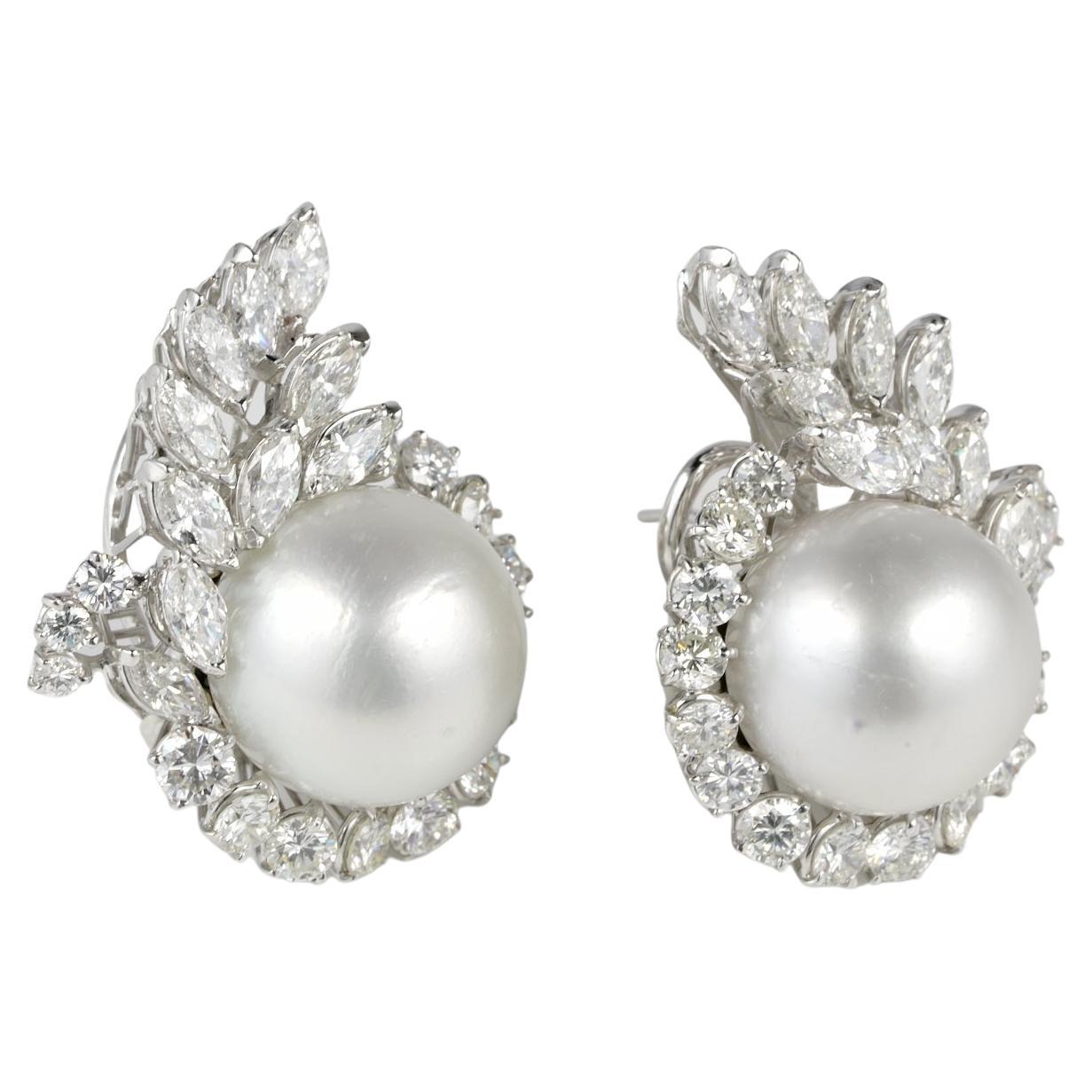 1950 ca 6.50 Ct Diamond 15.50 mm South Sea Pearl Earrings