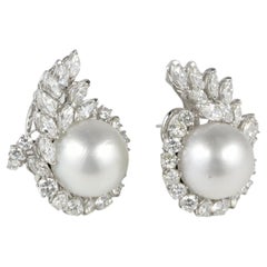 Vintage 1950 ca 6.50 Ct Diamond 15.50 mm South Sea Pearl Earrings